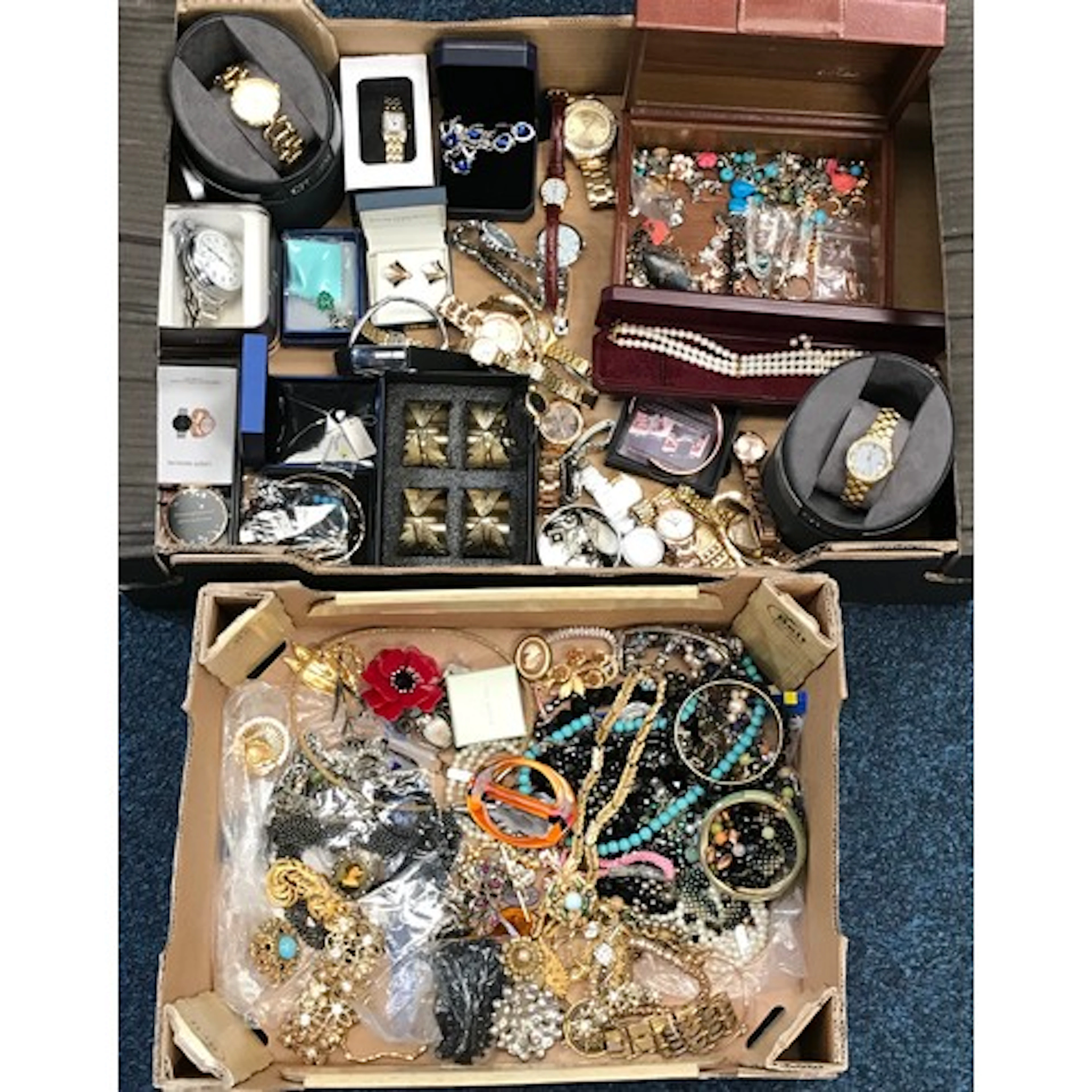 A qty of costume jewellery and earrings; a watch box, brown ...