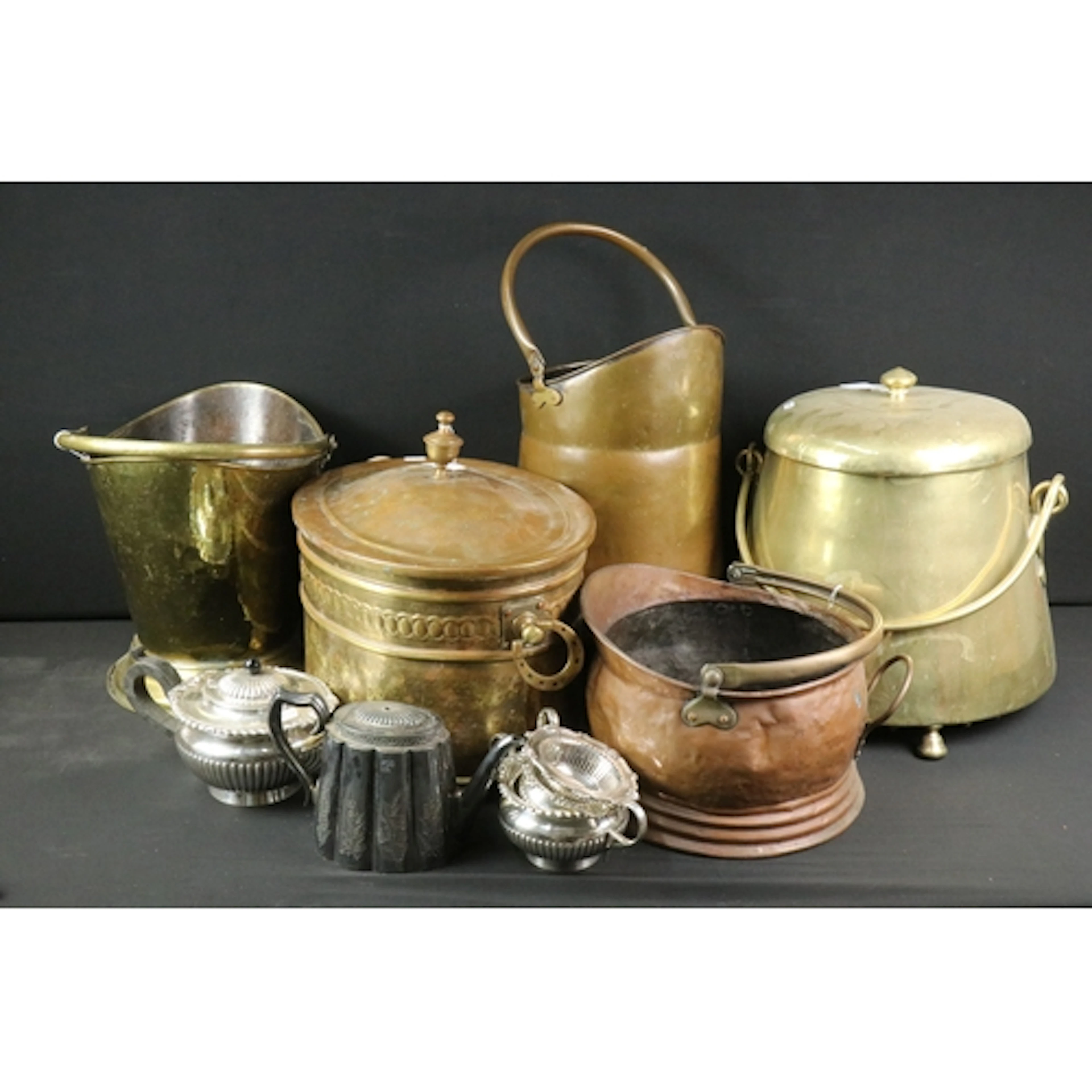 Early 20th century brass coal bin, having swing handle and c...