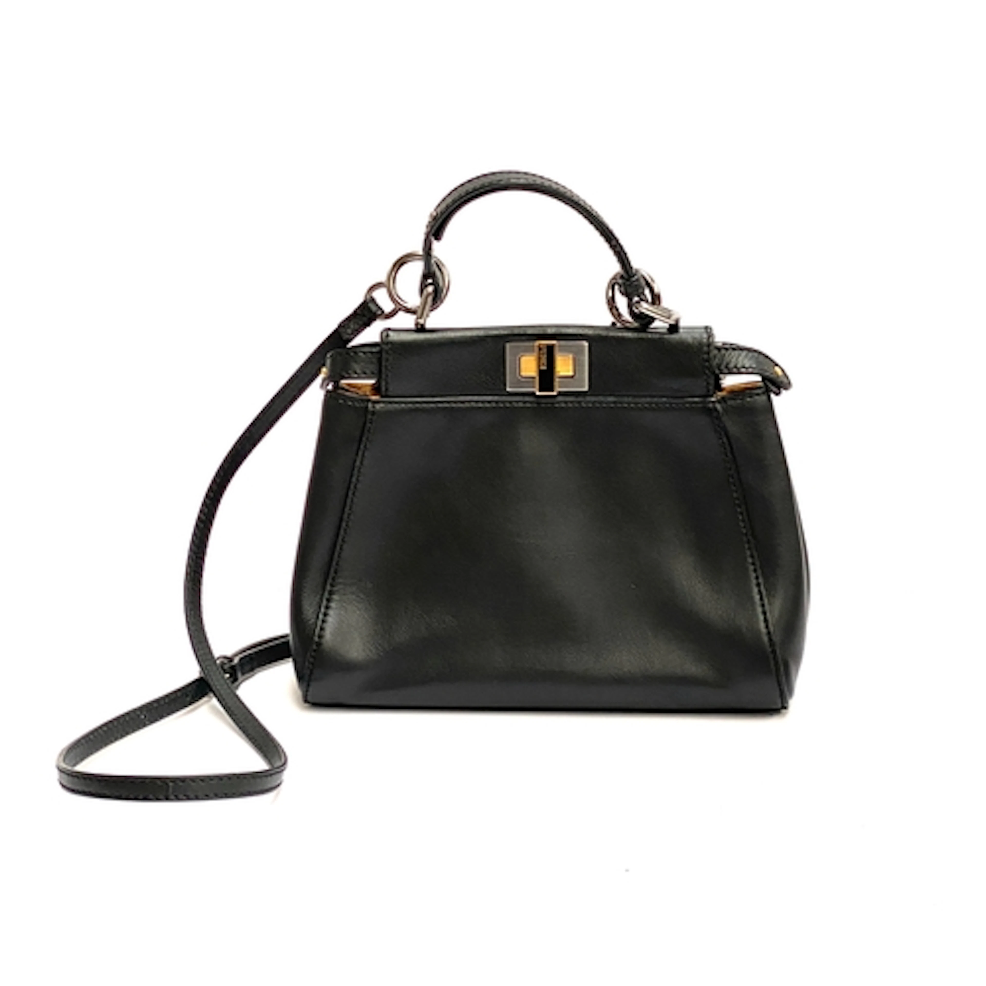 A Fendi Peekaboo Mini black leather handbag, with gold and s...