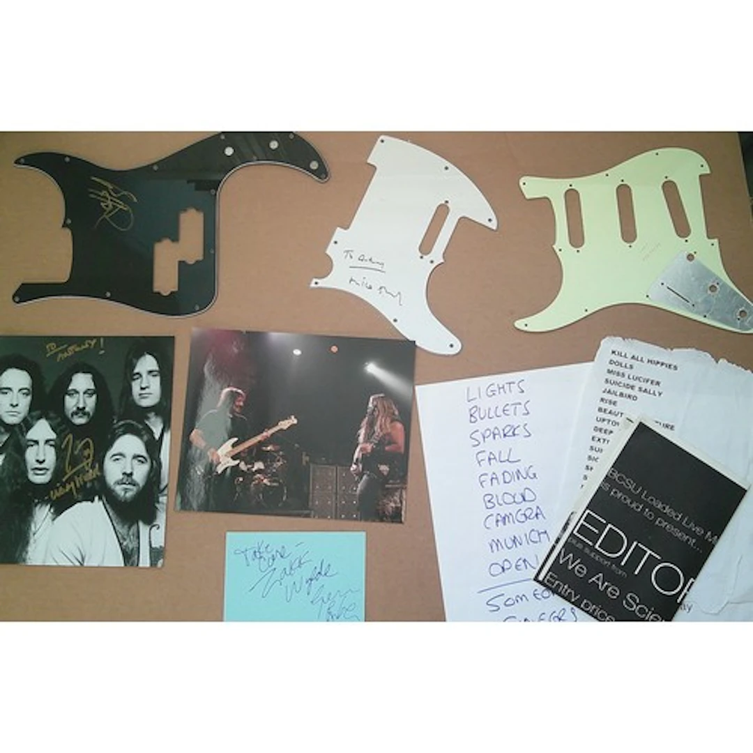 Mixed Music memorabilia includes two signed guitar plates on...