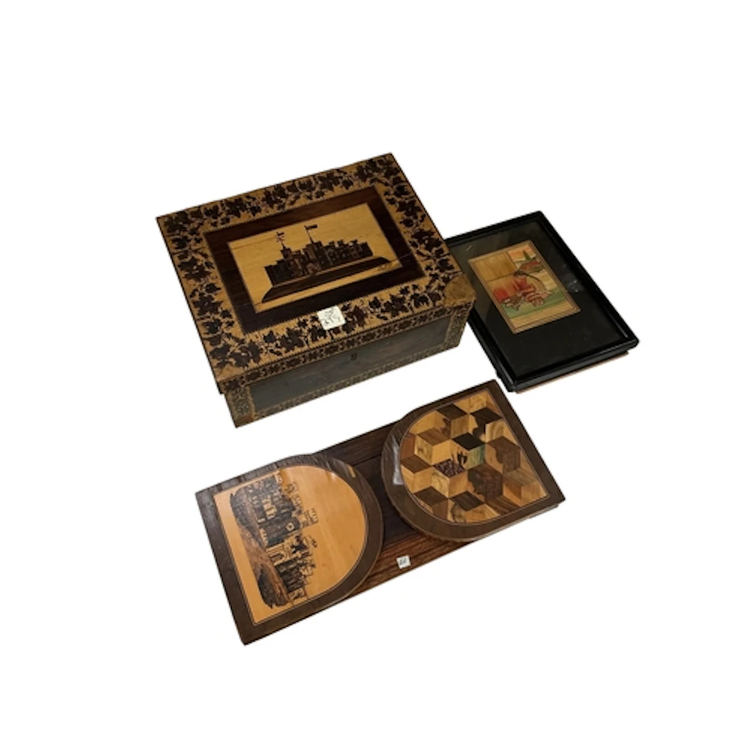 A Victorian Tunbridge ware book slide with mosaic view of Er...