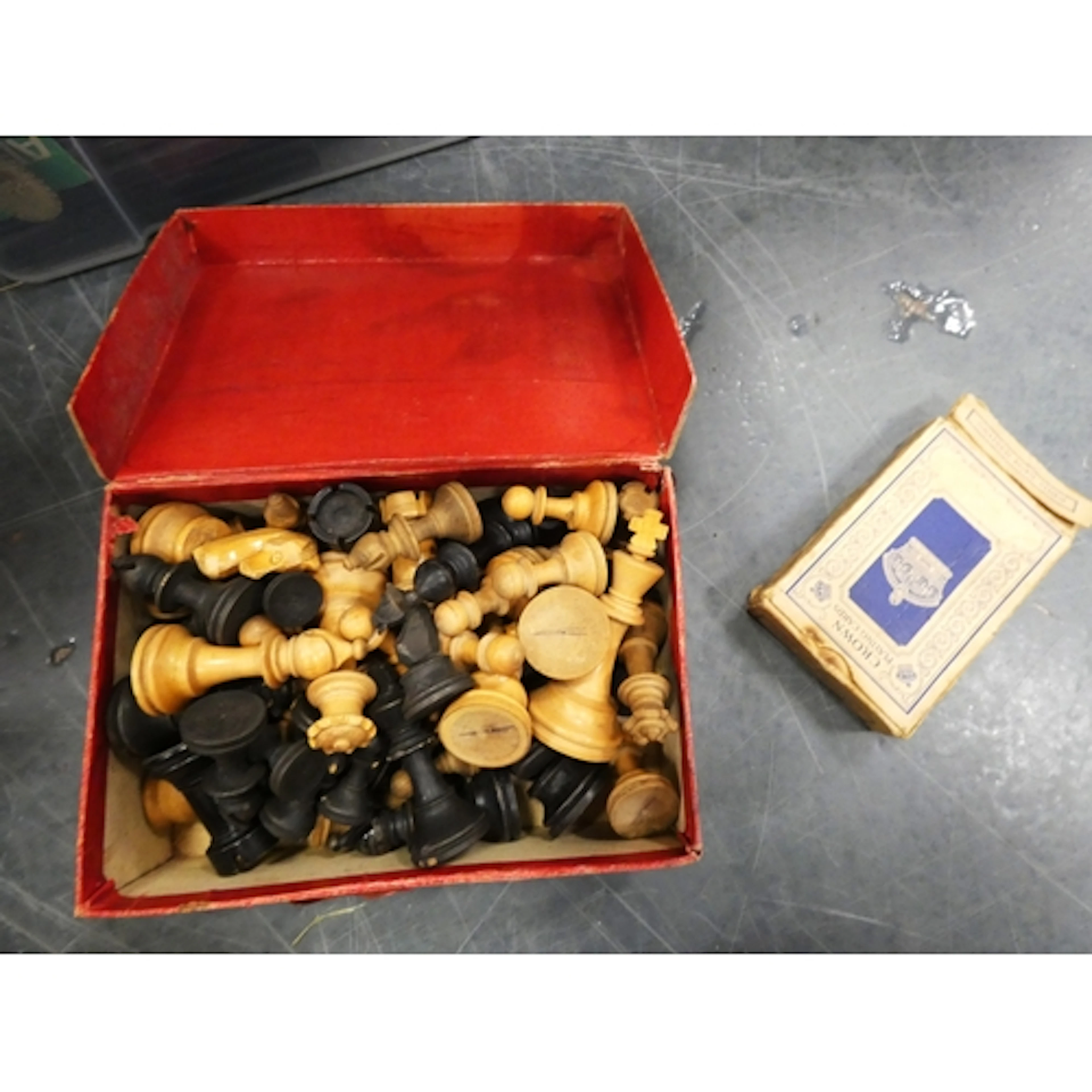 Group of wood items to include chess pieces, cutlery holder,...