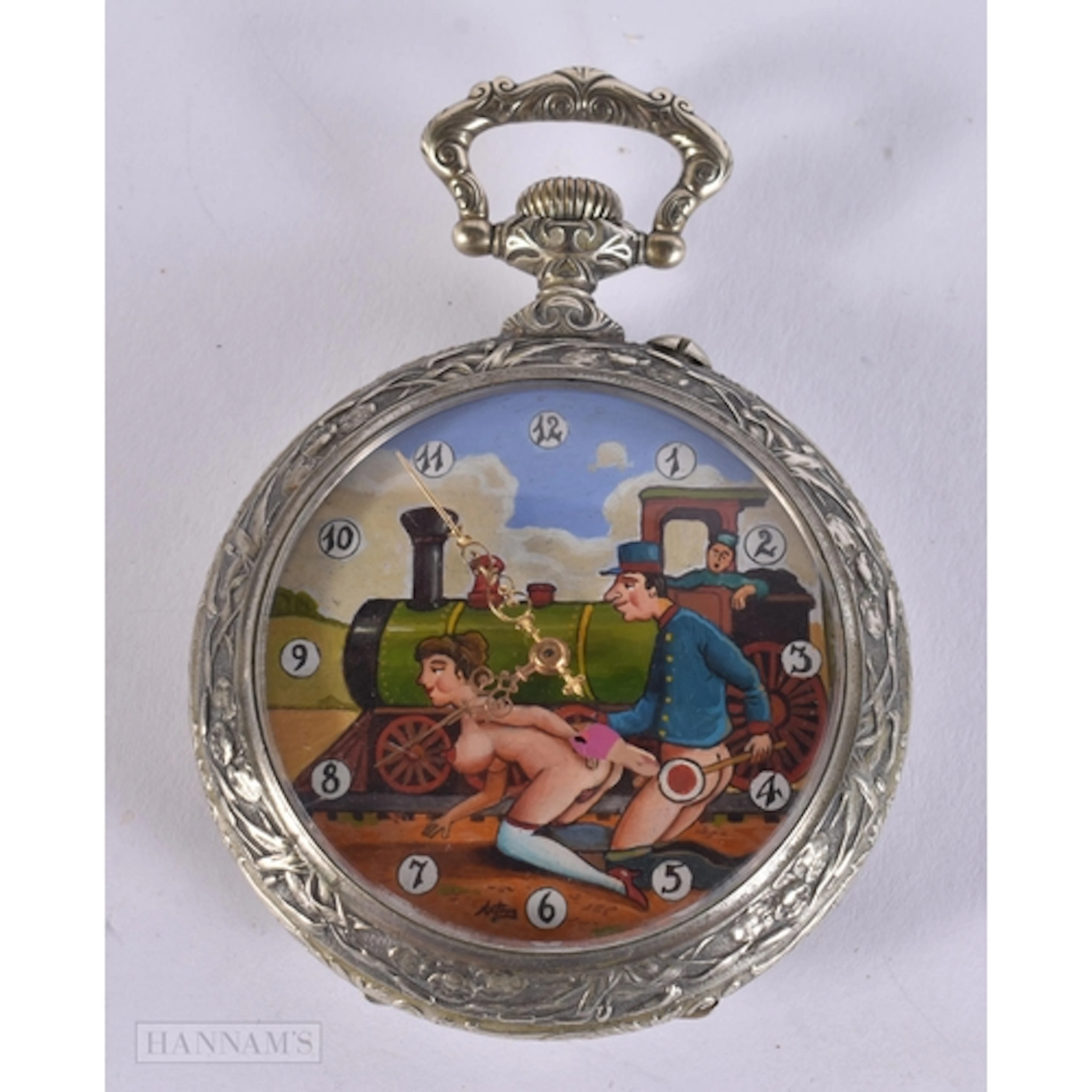 AN EROTIC POCKET WATCH modelled with local peeping tom viewi...