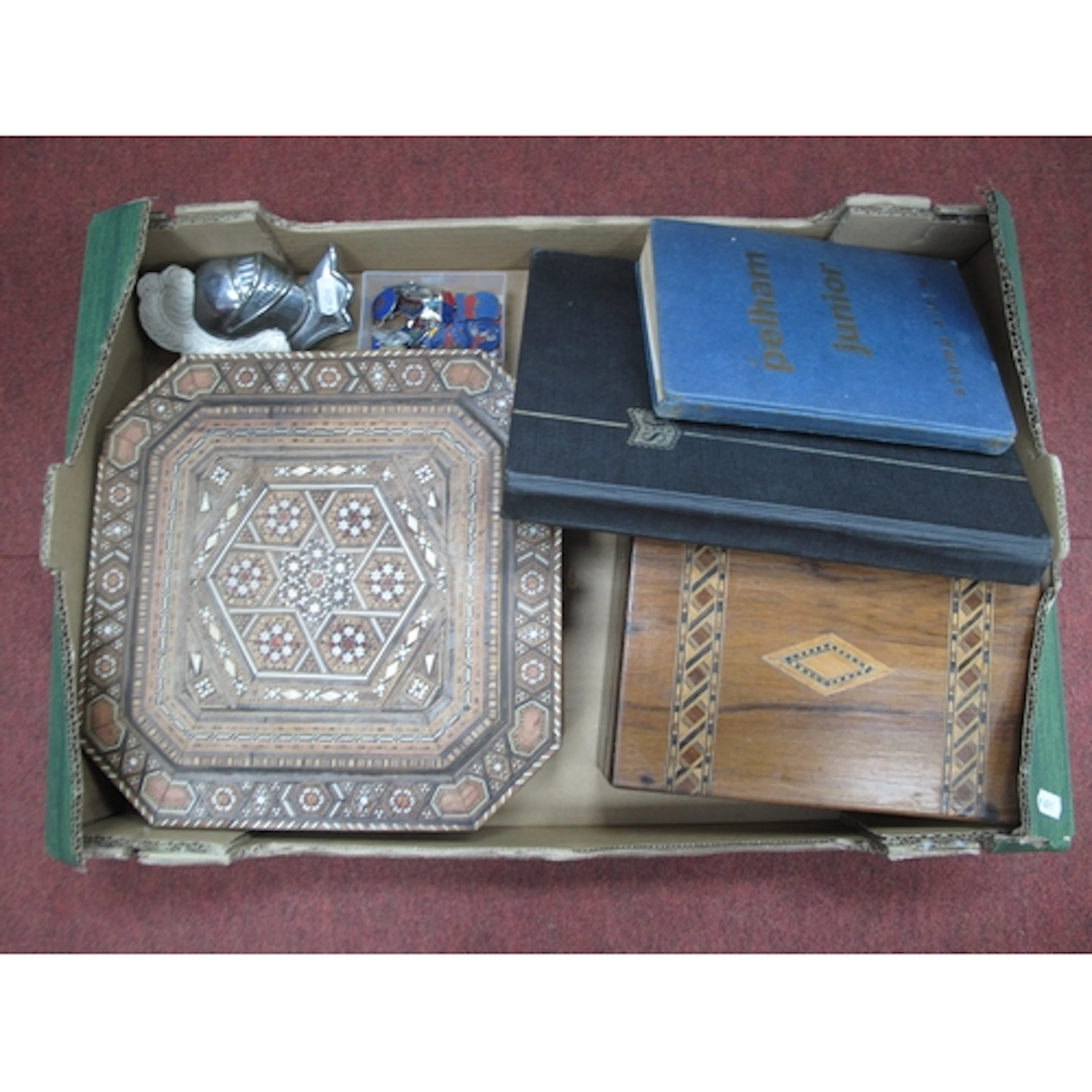 Collectables, including octagonal marquetry box with mother-...