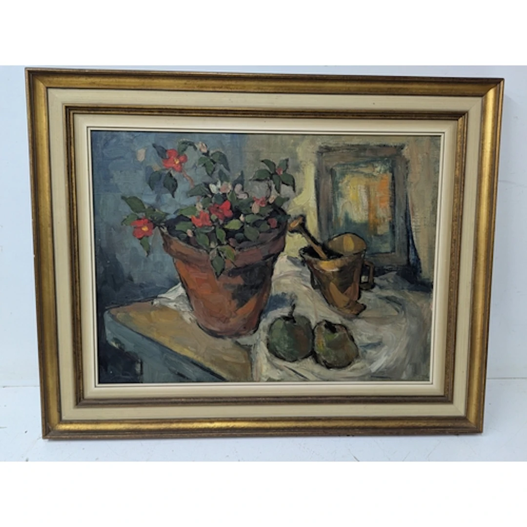 An oil on canvas still life painting depicting red flowers i...