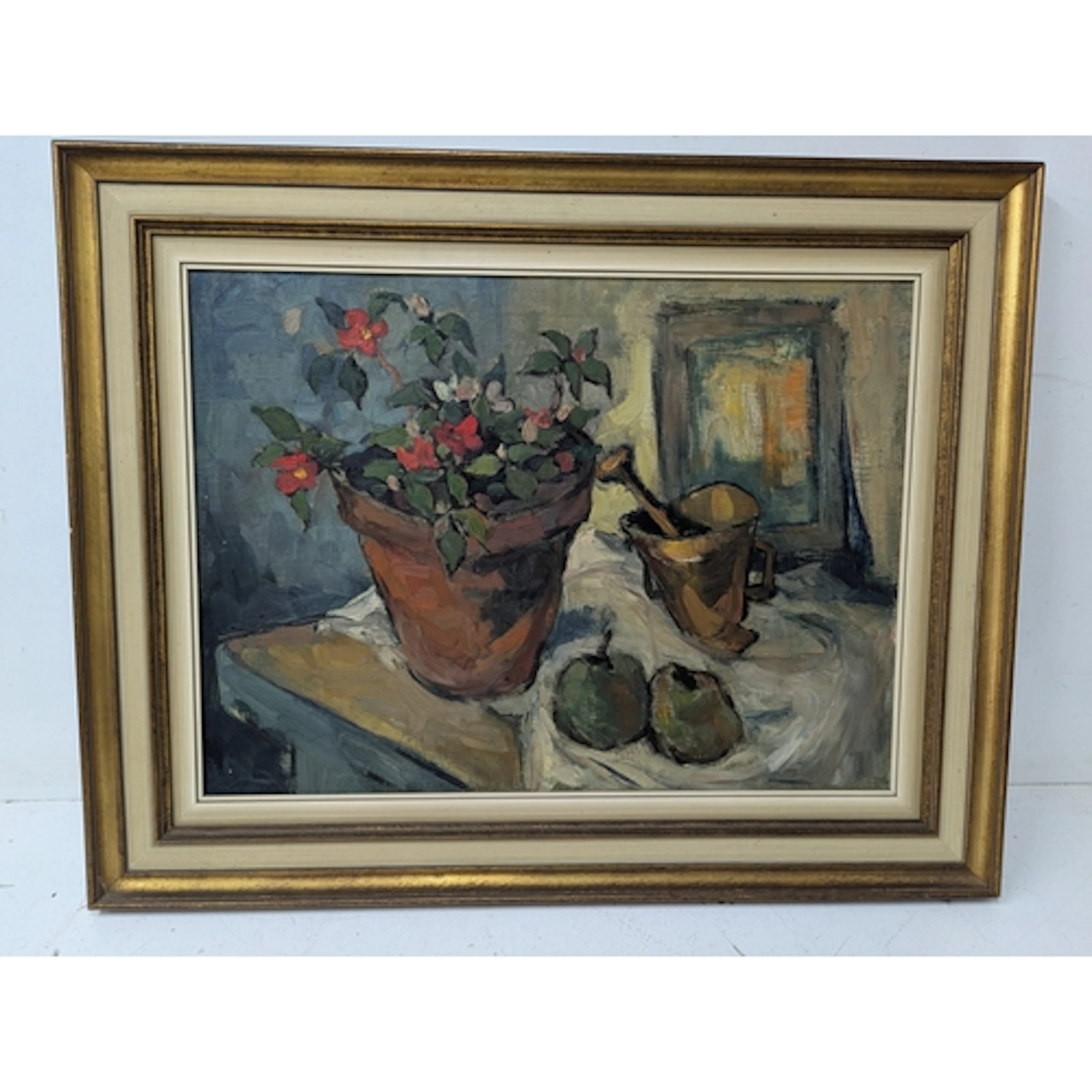 An oil on canvas still life painting depicting red flowers i...
