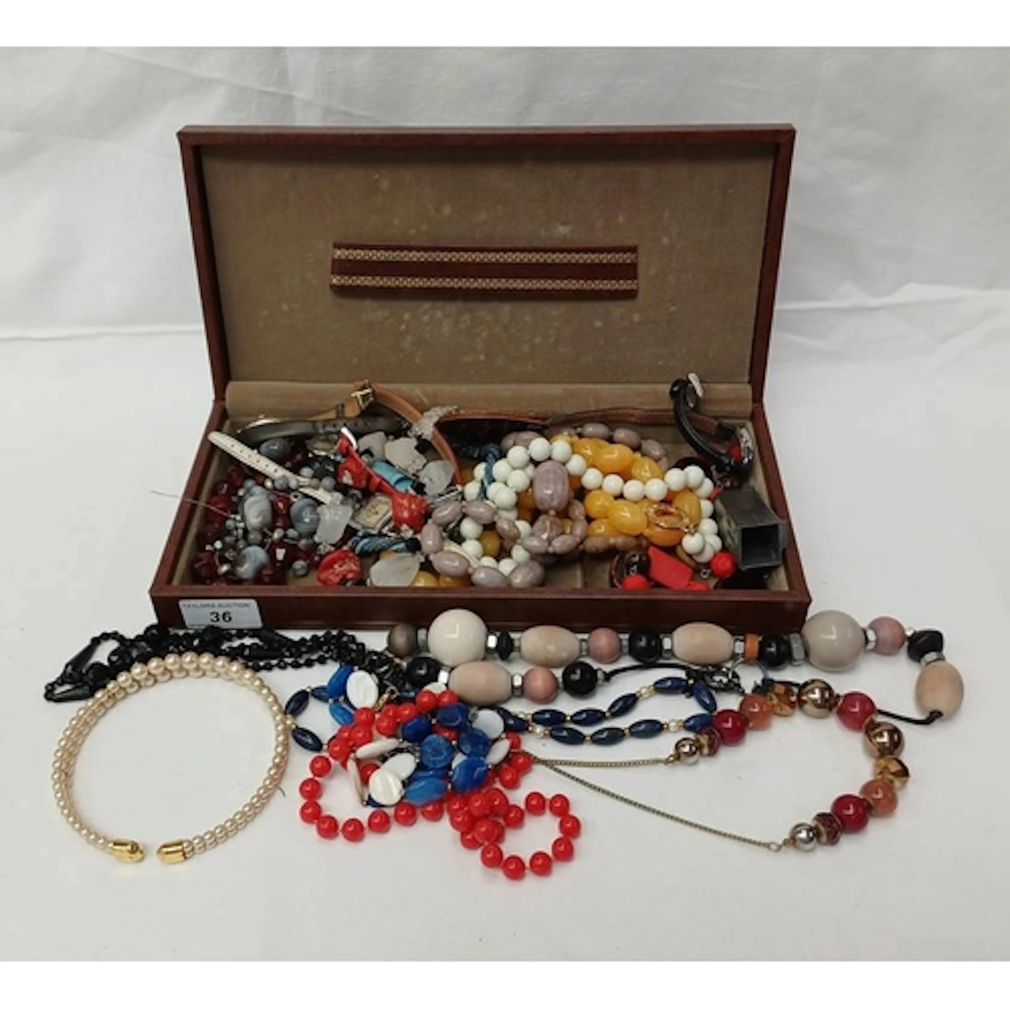 BROWN JEWELLERY BOX & CONTENTS INCLUDING VARIOUS BEAD NECKLA...
