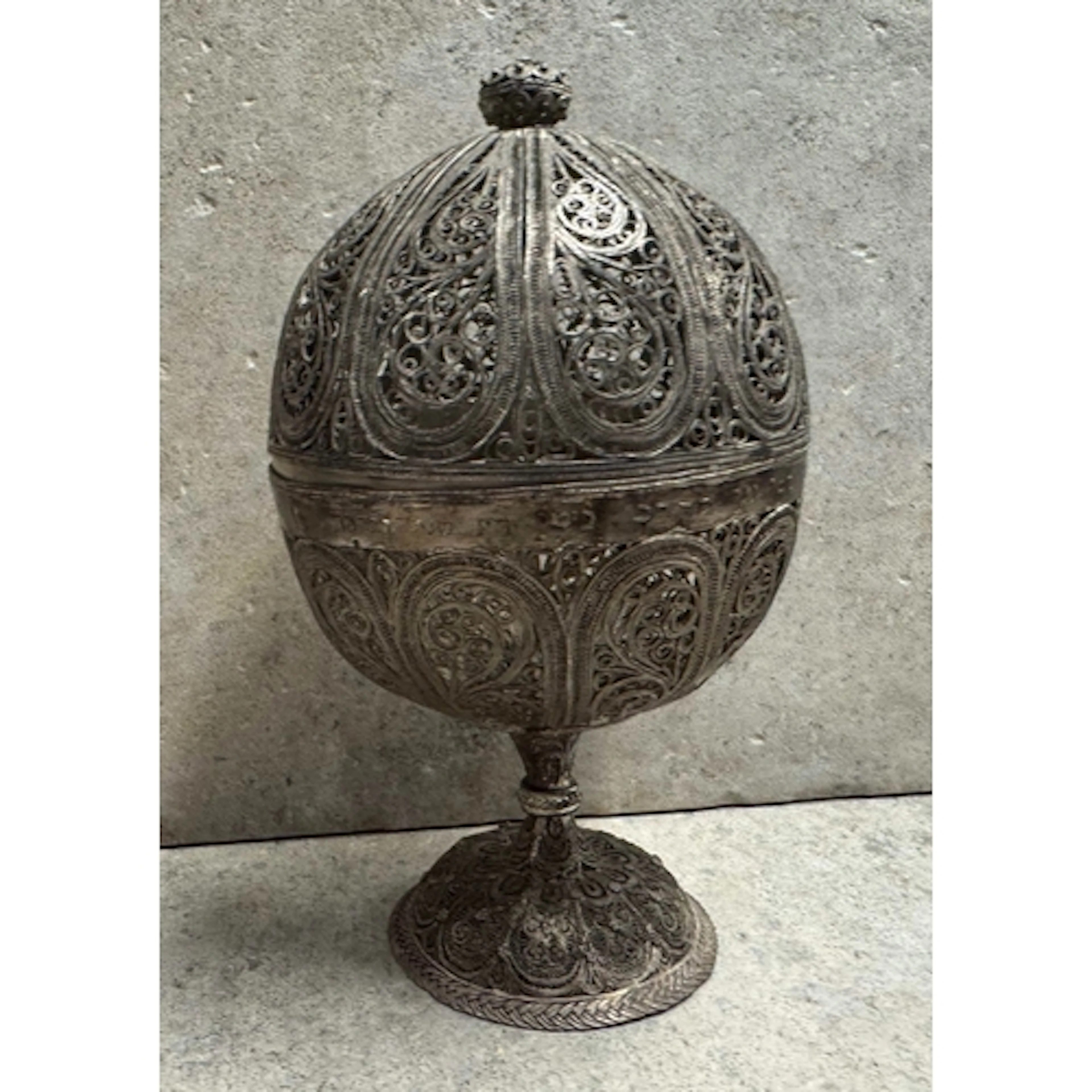 A 19th Century Judaica filigree silver Besamim spice box wit...