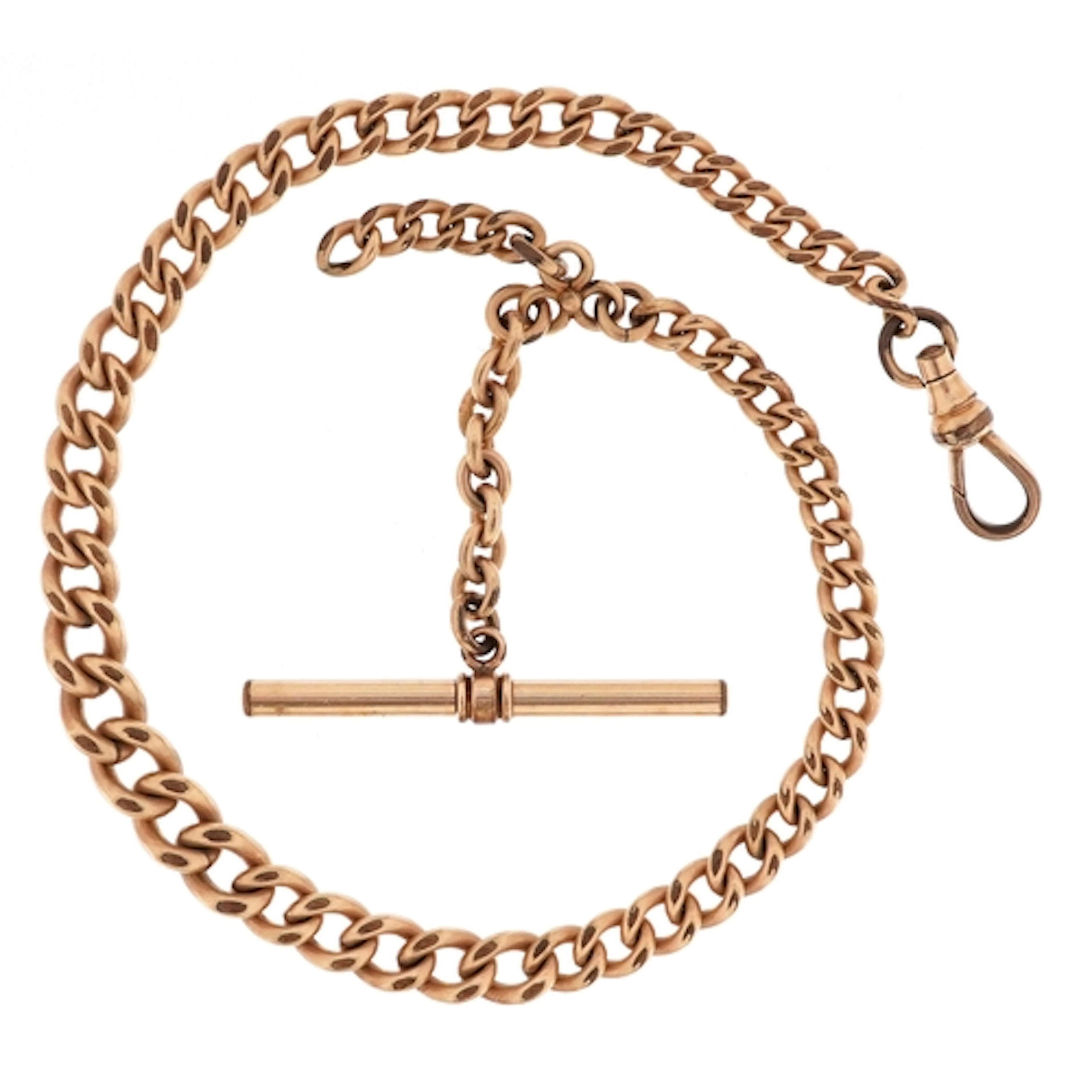 Gold plated graduated watch chain with T bar and dog clip cl...