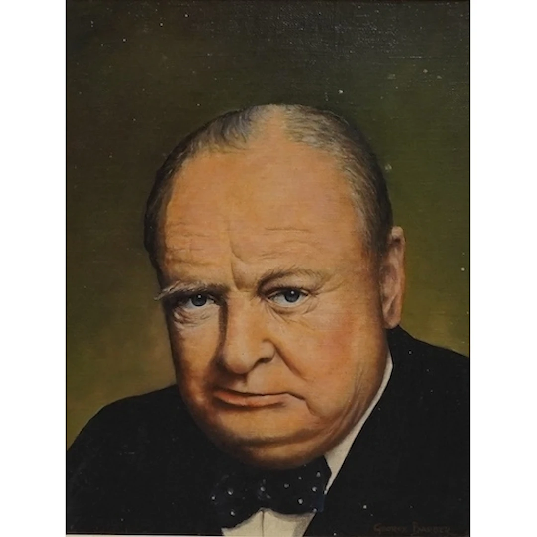 George Barber, Portrait of Winston Churchill, signed, label ...