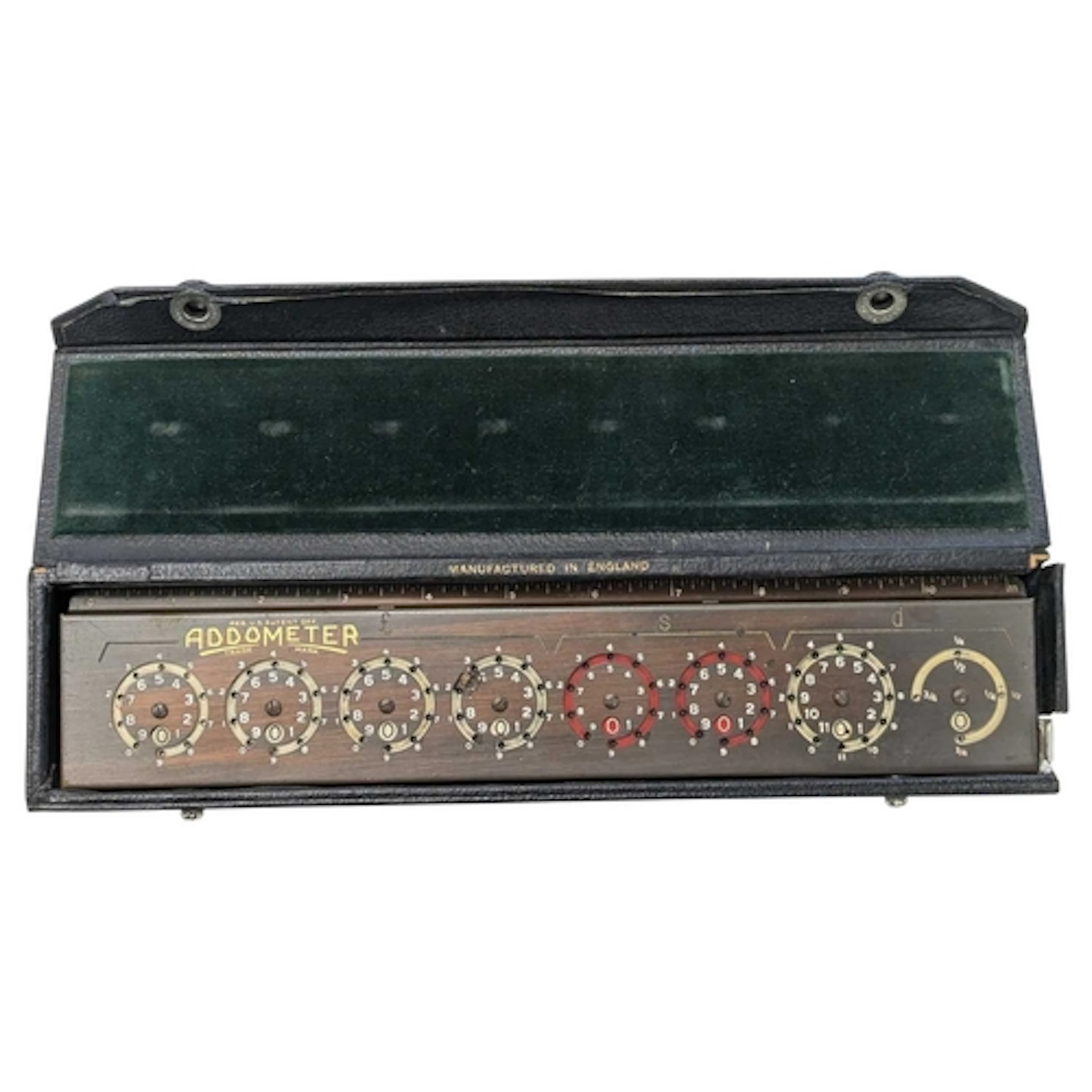 A 20th century vintage Otis King addometer in original leath...