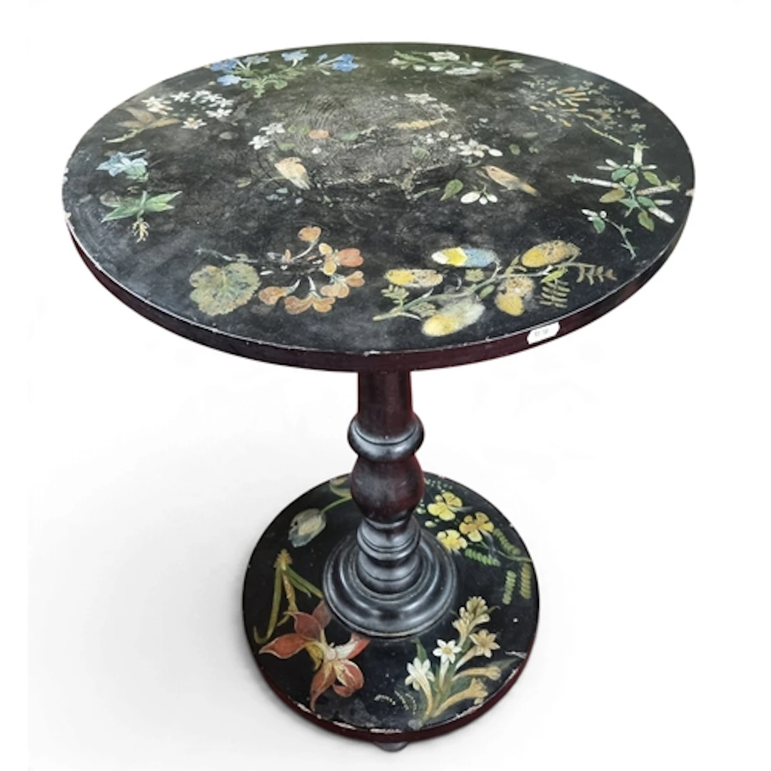 A 19th Century Papier and Mache ebonised and painted circula...