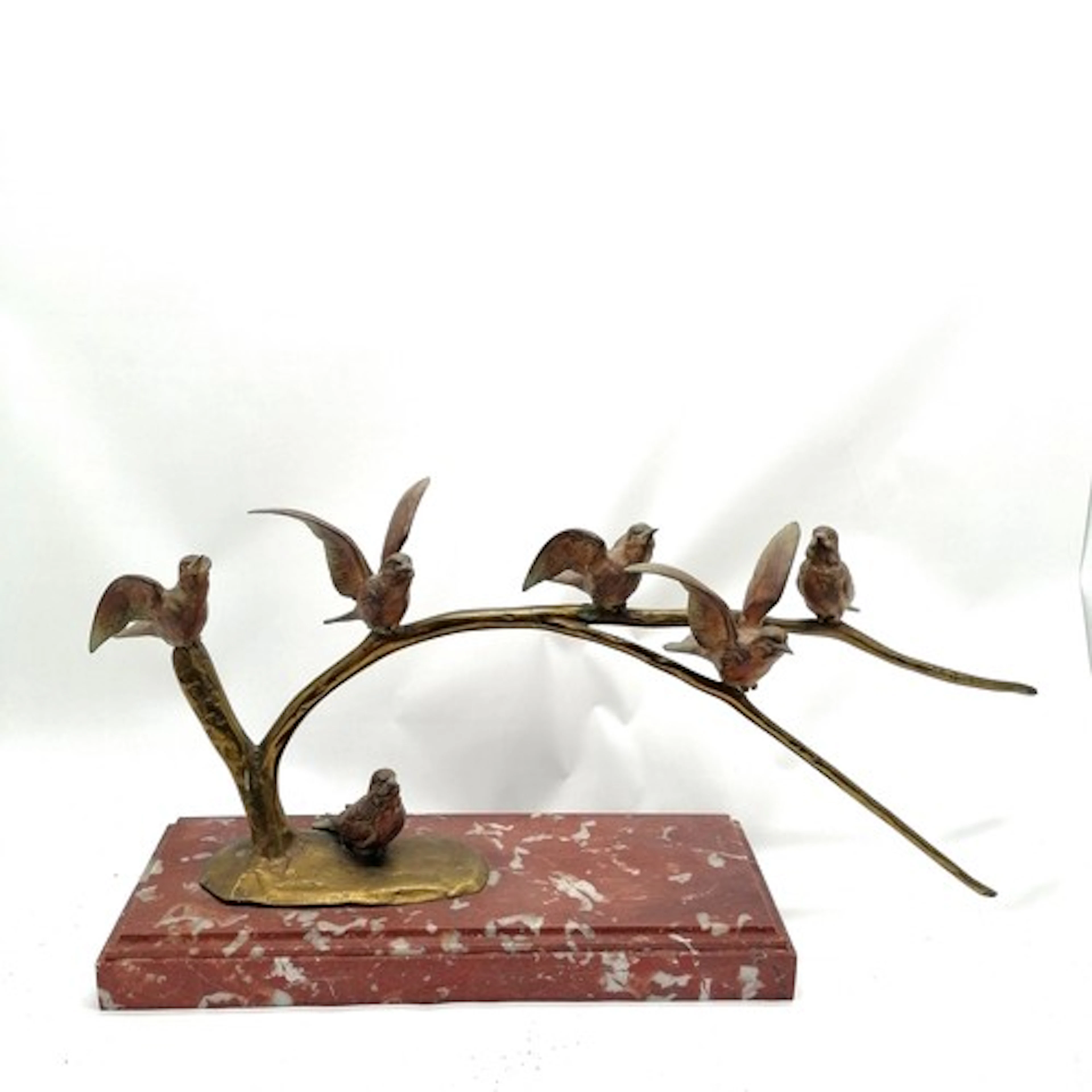 Art Deco bronze sculpture of songbirds on a branch on a step...