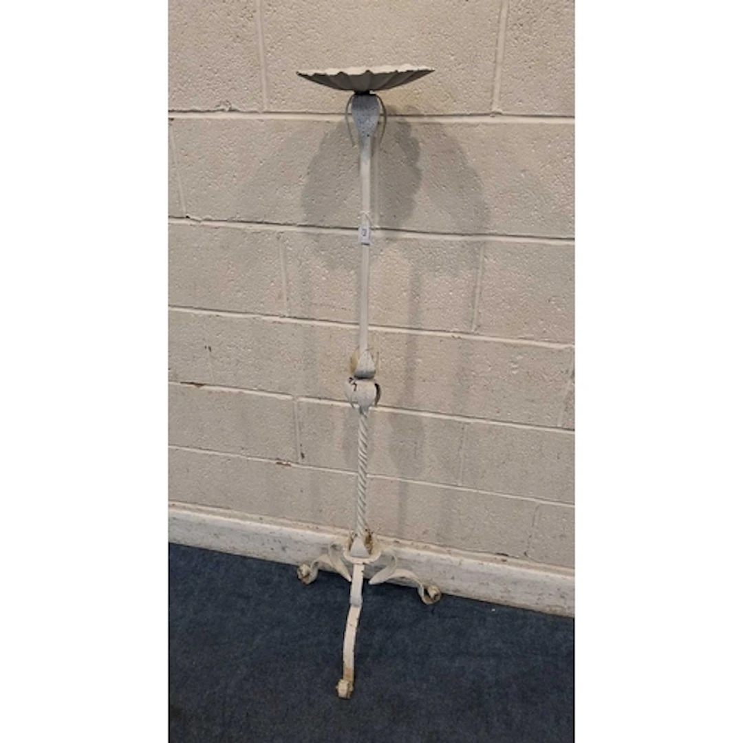 A WHITE PAINTED WROUGHT IRON STAND, with a spiral support, r...