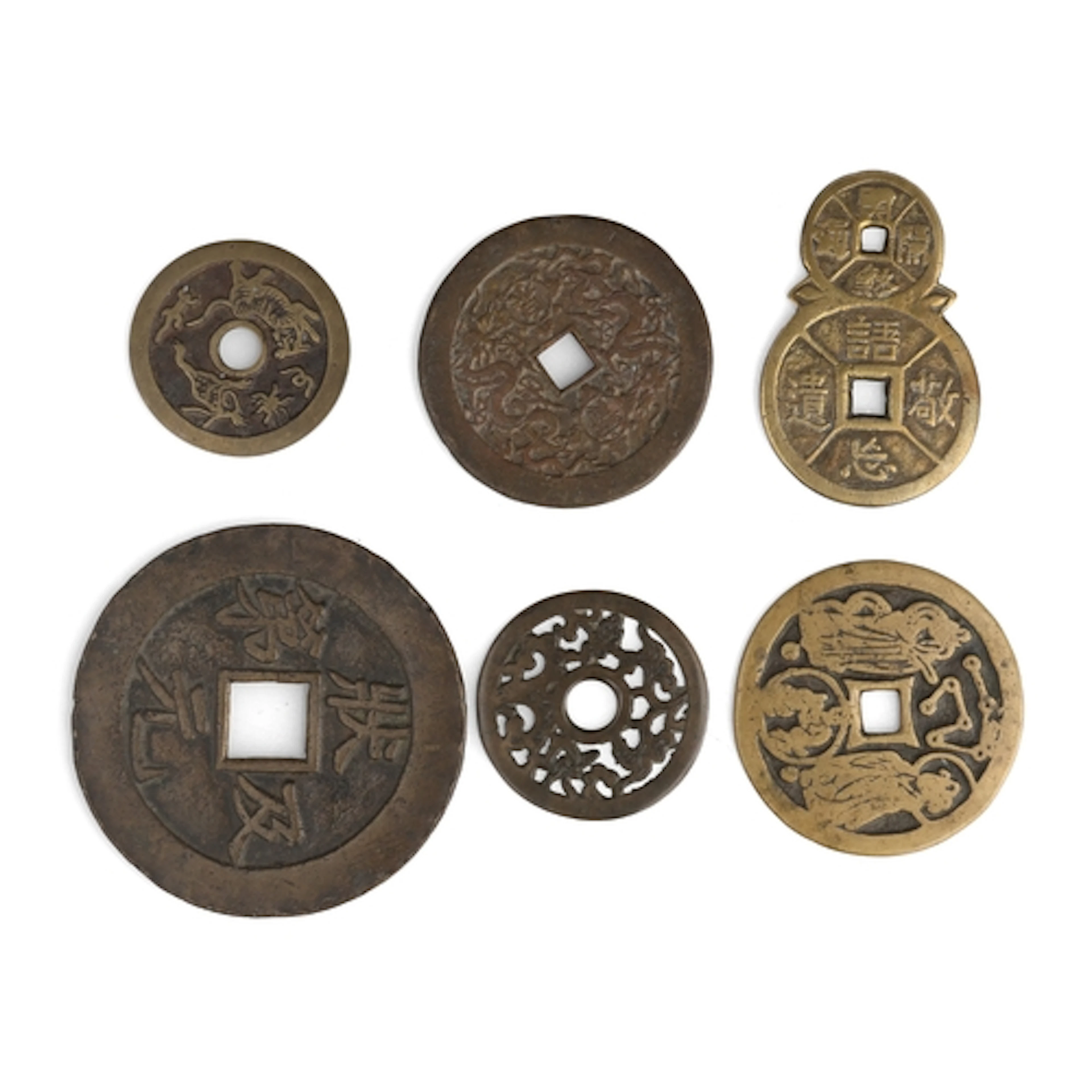 SIX CHINESE BRONZE COINS, 17TH TO 19TH CENTURY Largest: 8cm ...