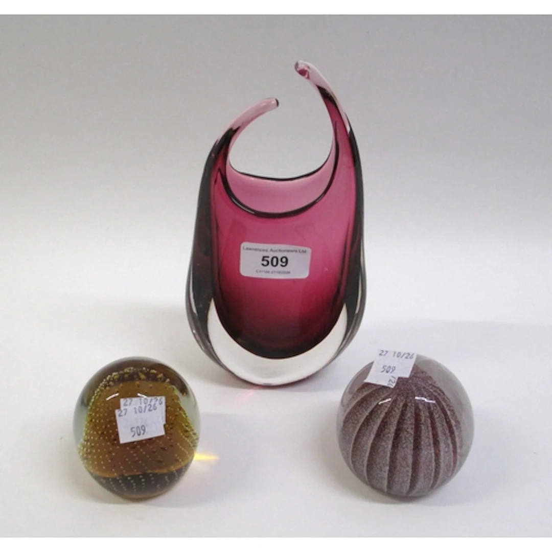Two Murano glass paperweights and a mauve free form Art Glas...