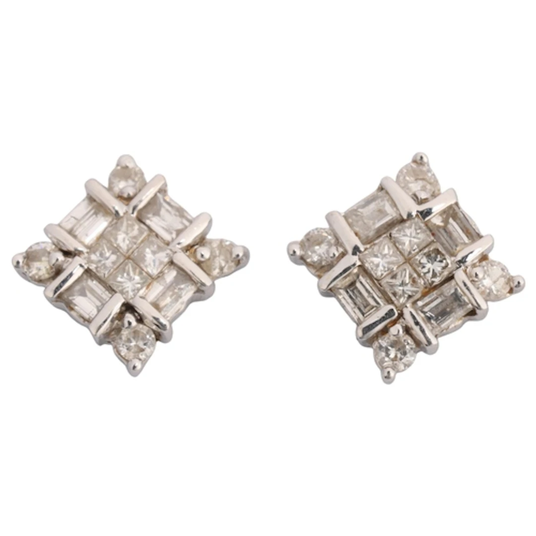 A pair of 18ct white gold diamond square cluster stud earrin...