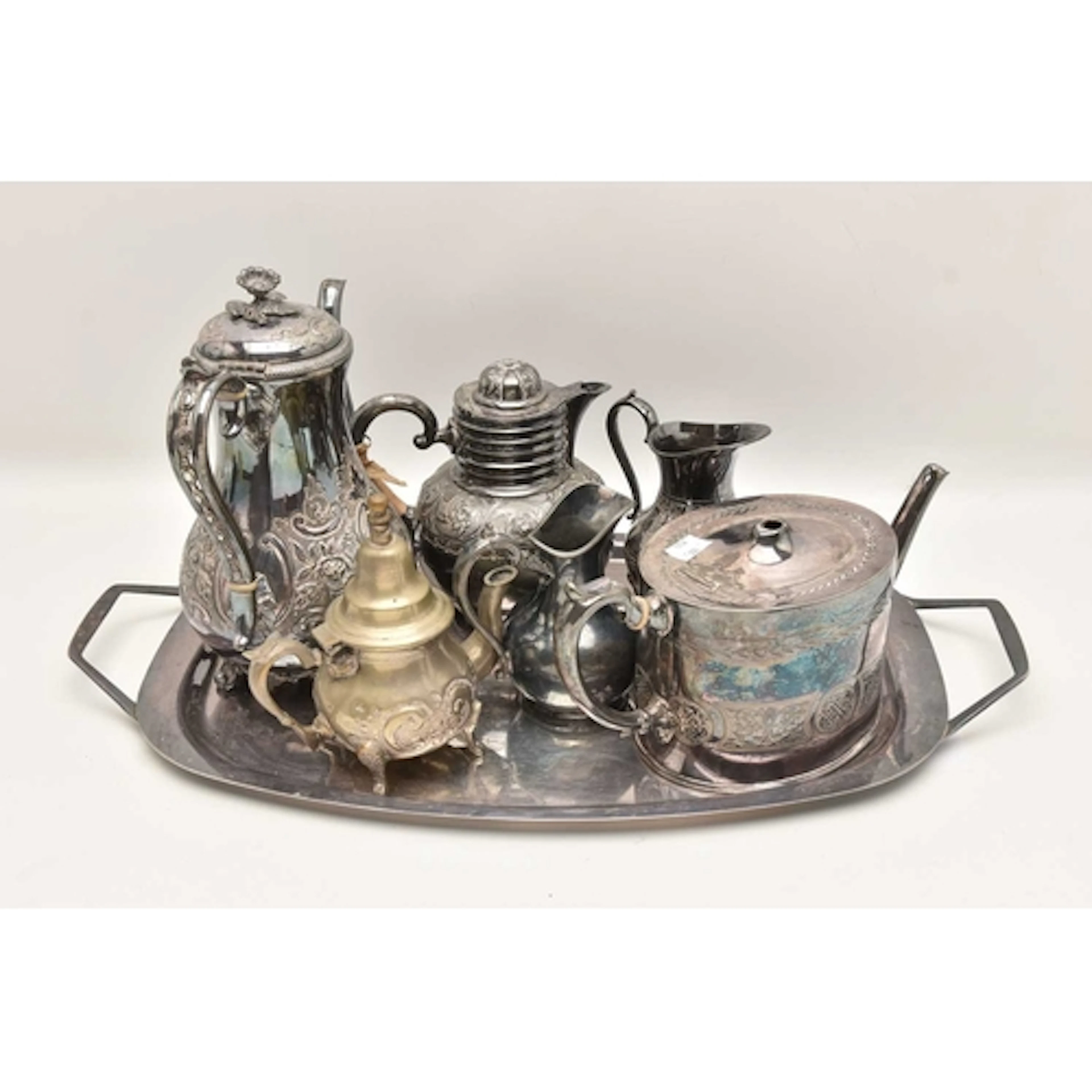 AN ASSORTMENT OF WHITE METAL WARE, to include a large tray, ...