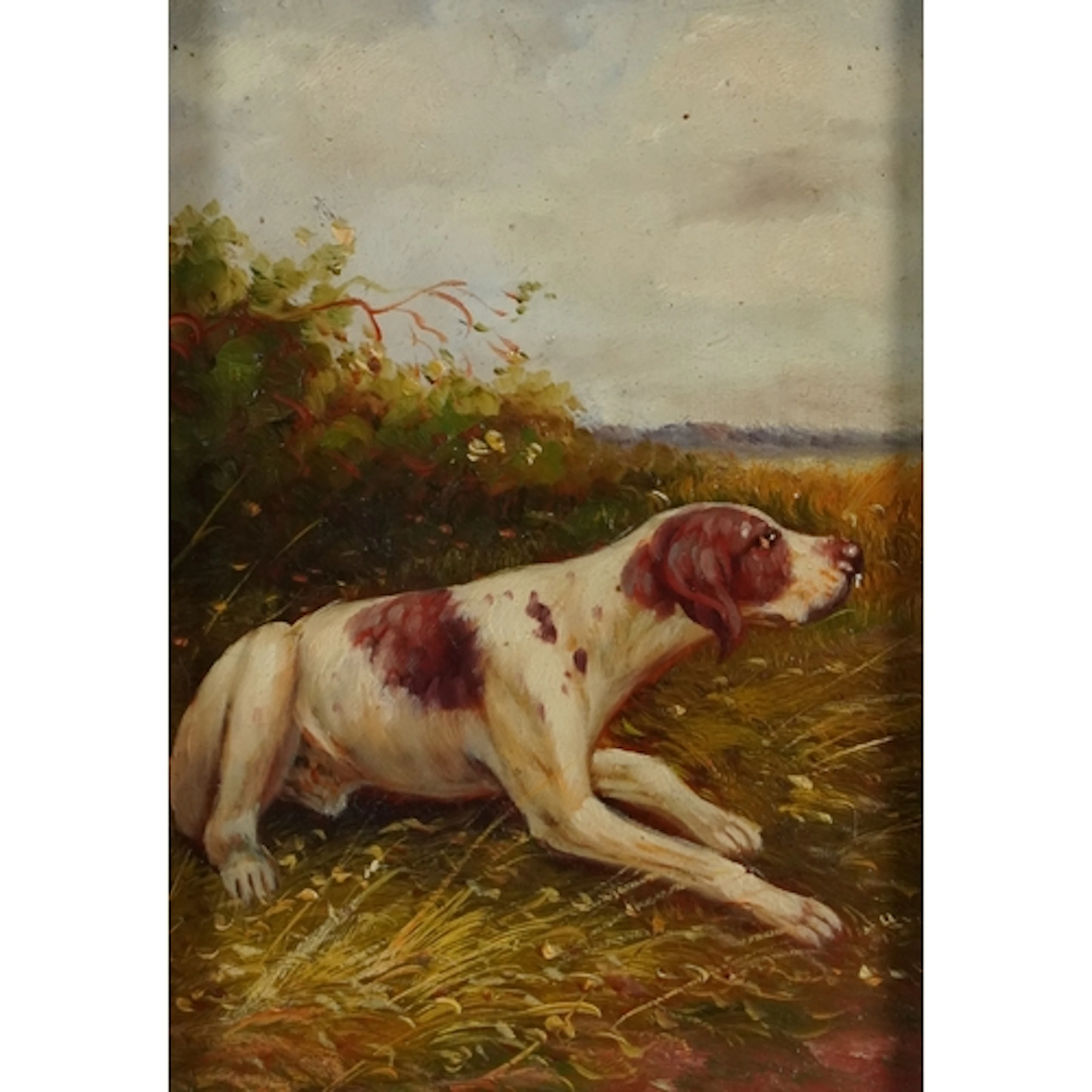 Hunting dog in bushes, 20th century oil on board, ornate gil...
