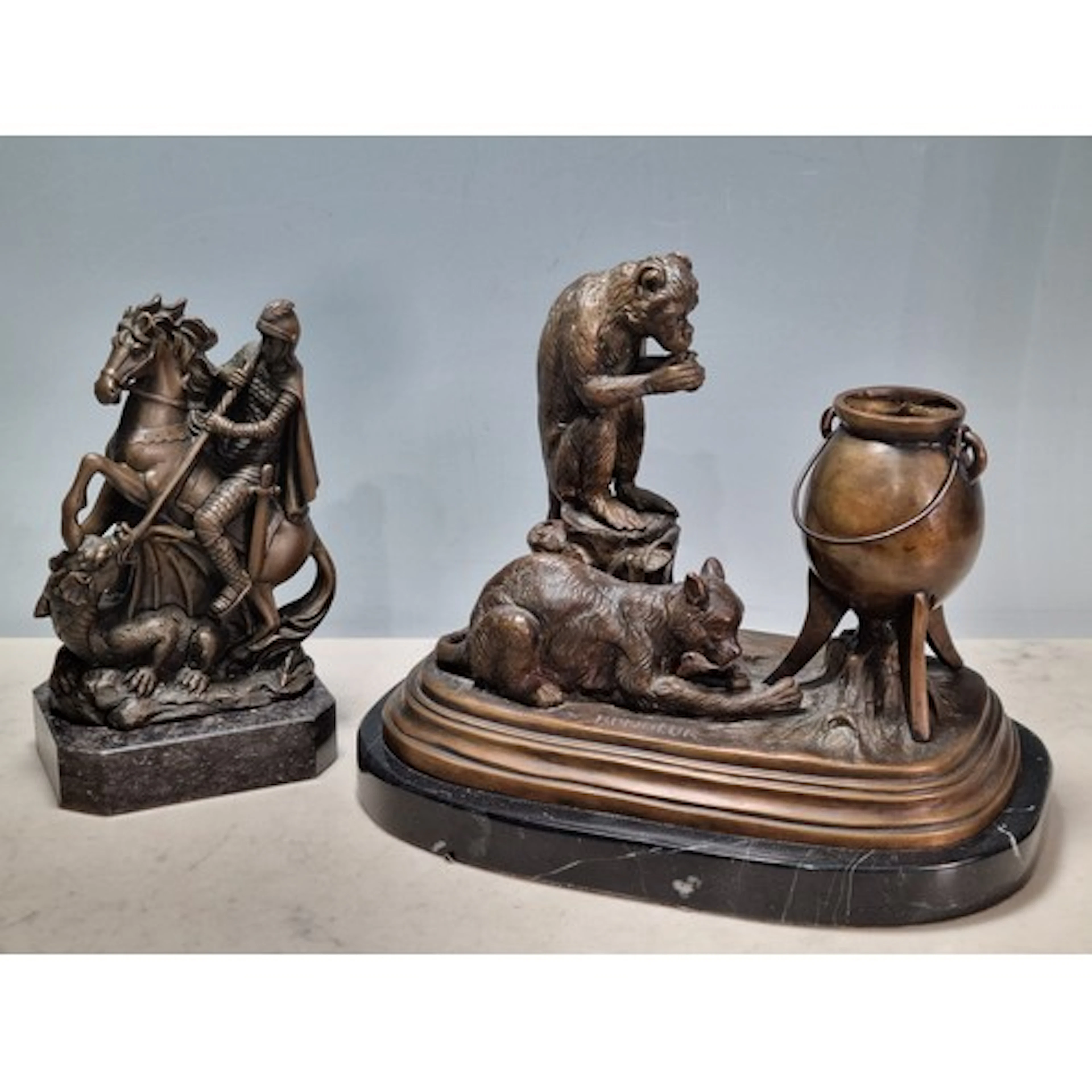 A bronze Sculpture 'Bonheur' depicting a cat and monkey by c...