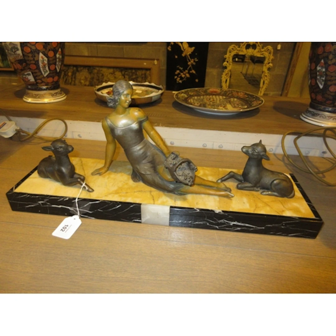 Art Deco Spelter Figure Group on a Marble Base, Signed S. Mi...