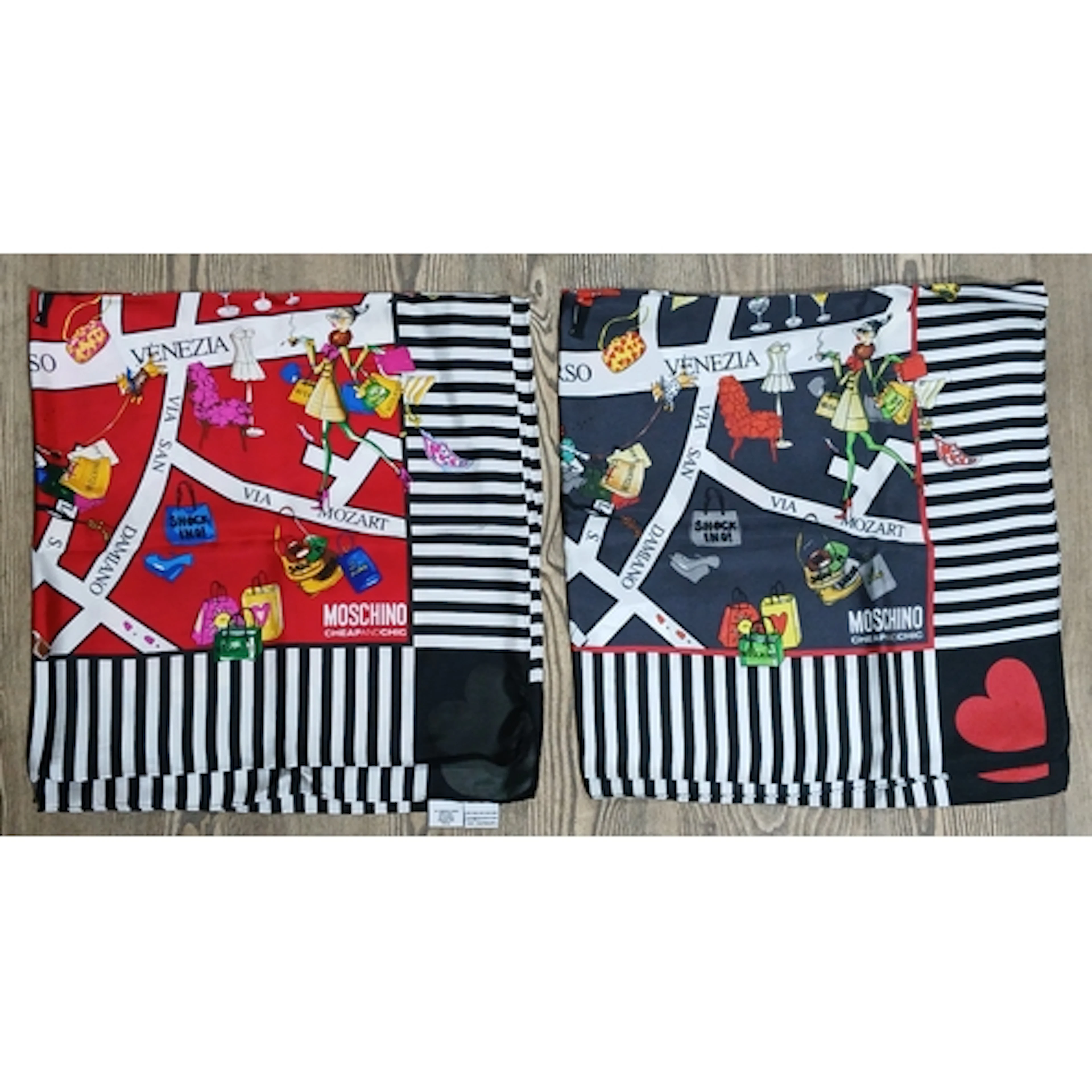 MOSCHINO, a pair of Cheap and Chic silk scarves, 84cm x 90cm...