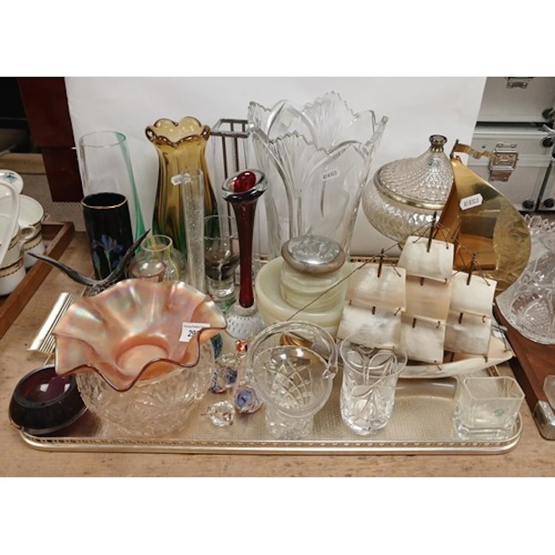 Cut glass high relief vase, with other glassware, glass anim...