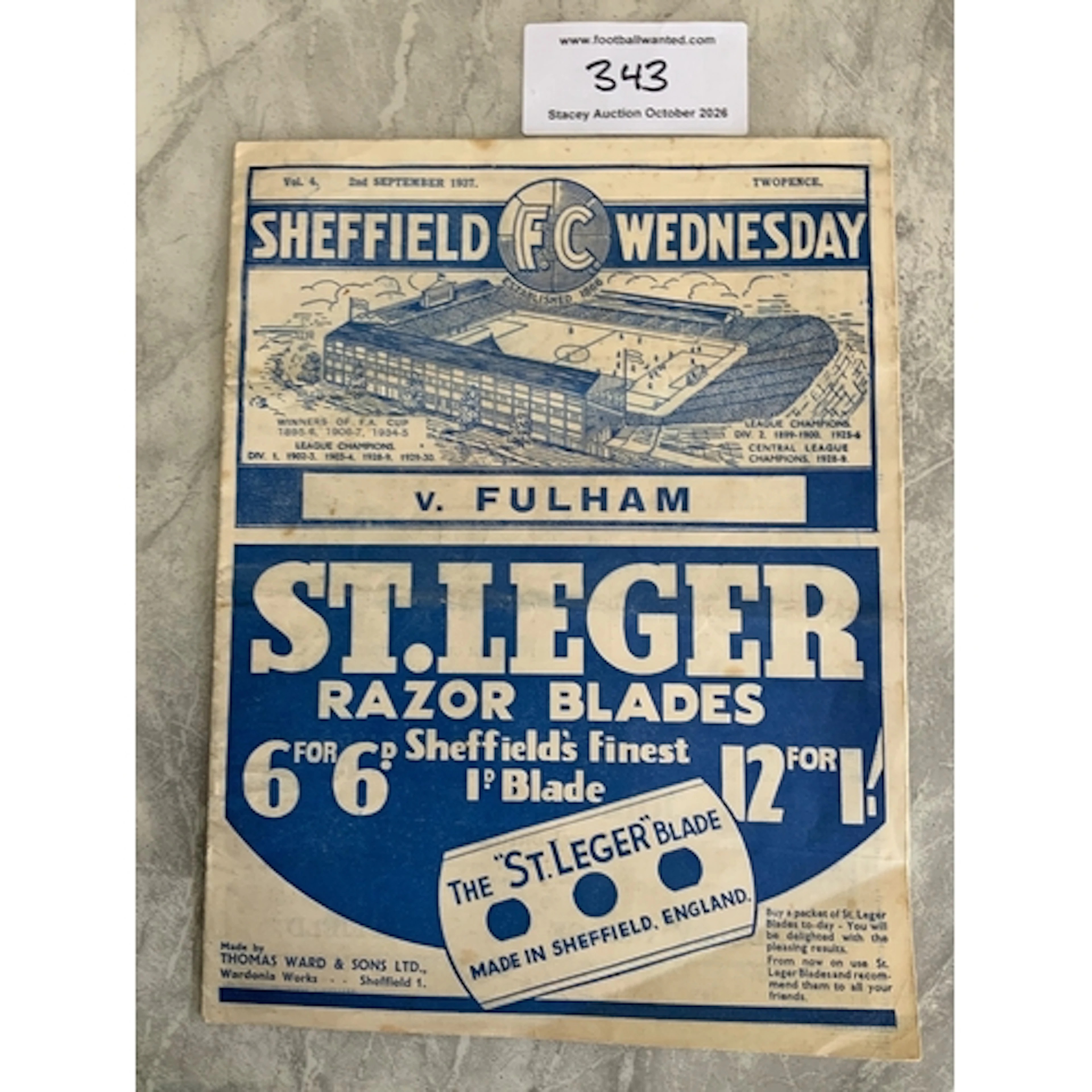 37/38 Sheffield Wednesday v Fulham Football Programme: Good ...