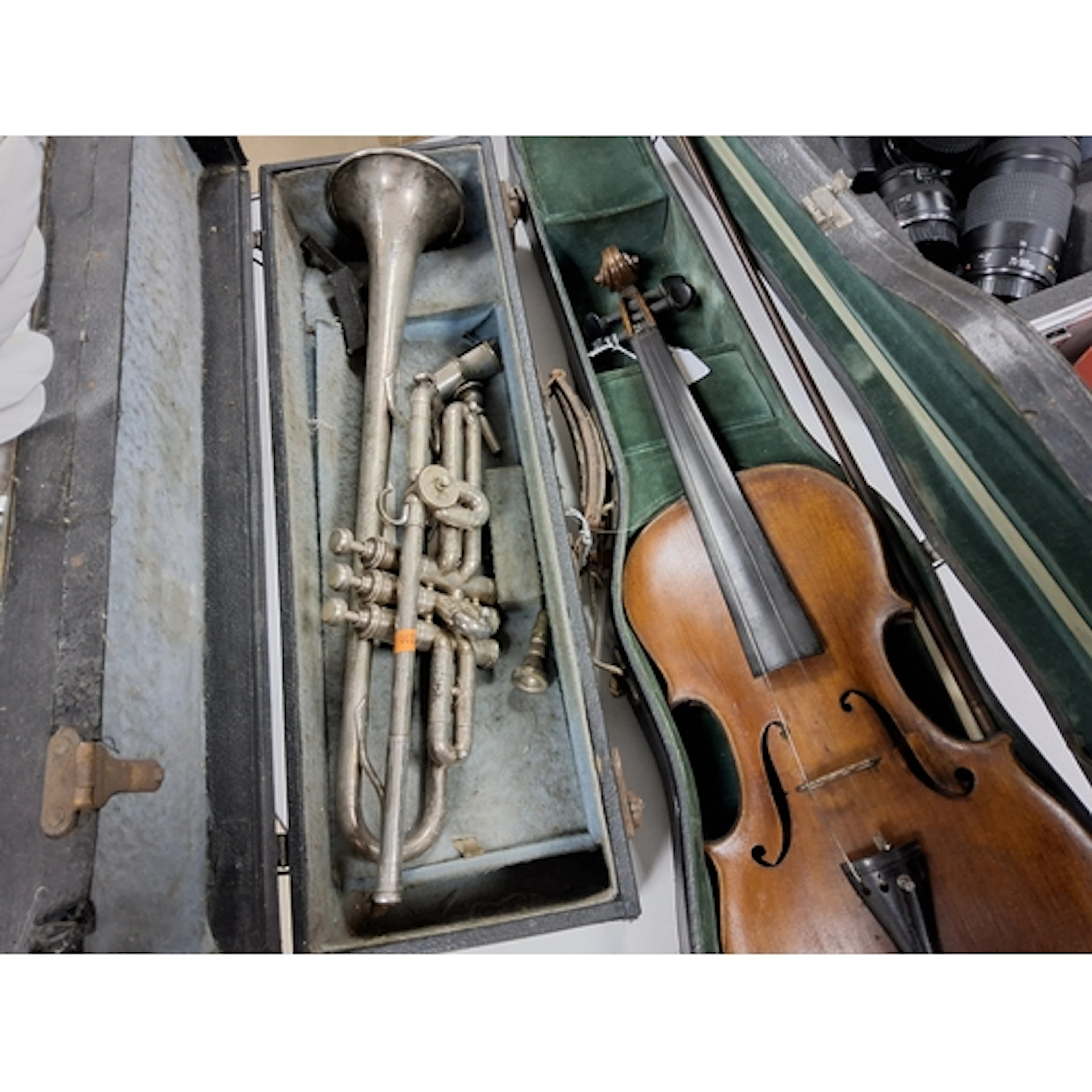 CASED VIOLIN AND CASED JOHN GREY & SONS TRUMPET WITH PHO...