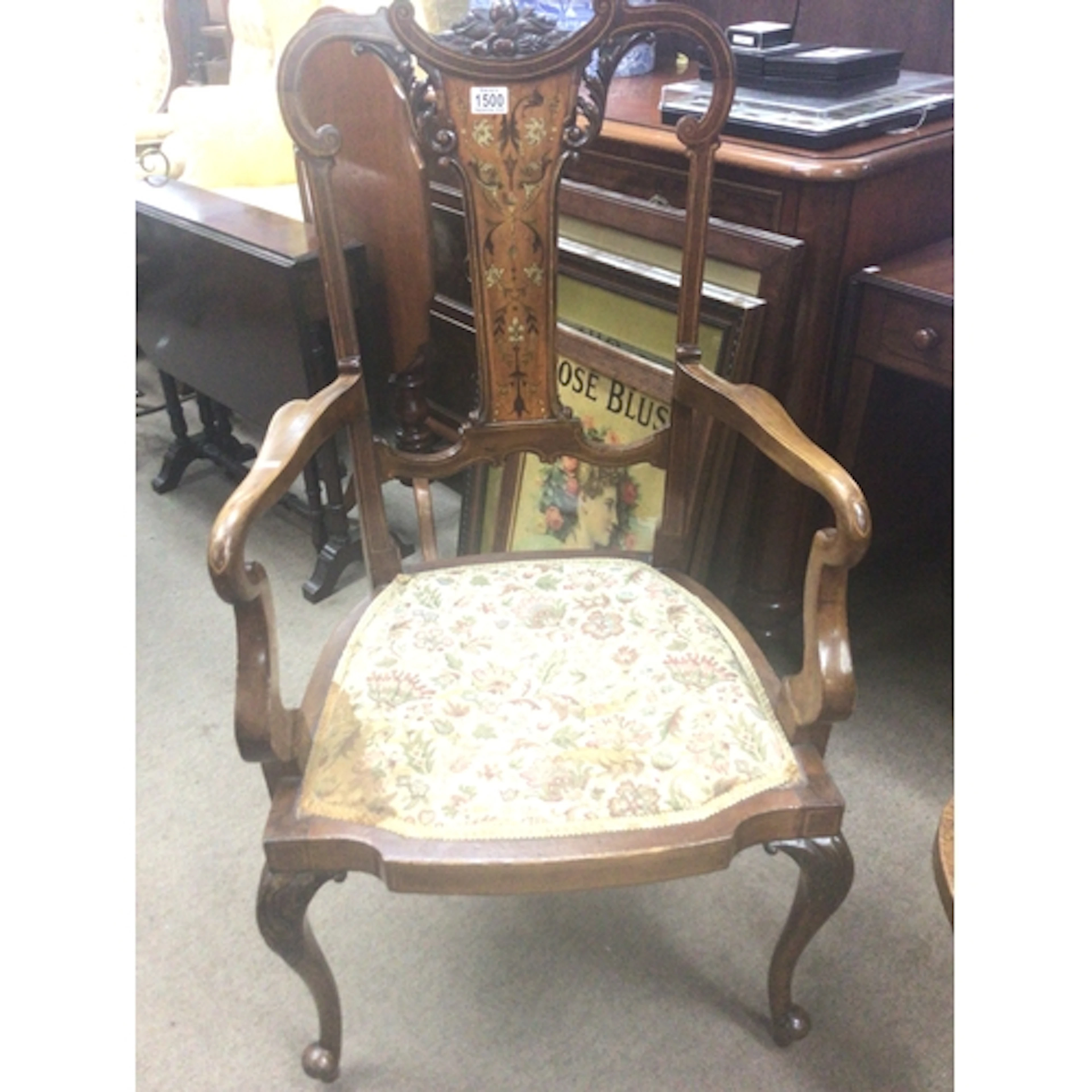 A quality Edwardian satinwood and mahogany inlaid open armch...