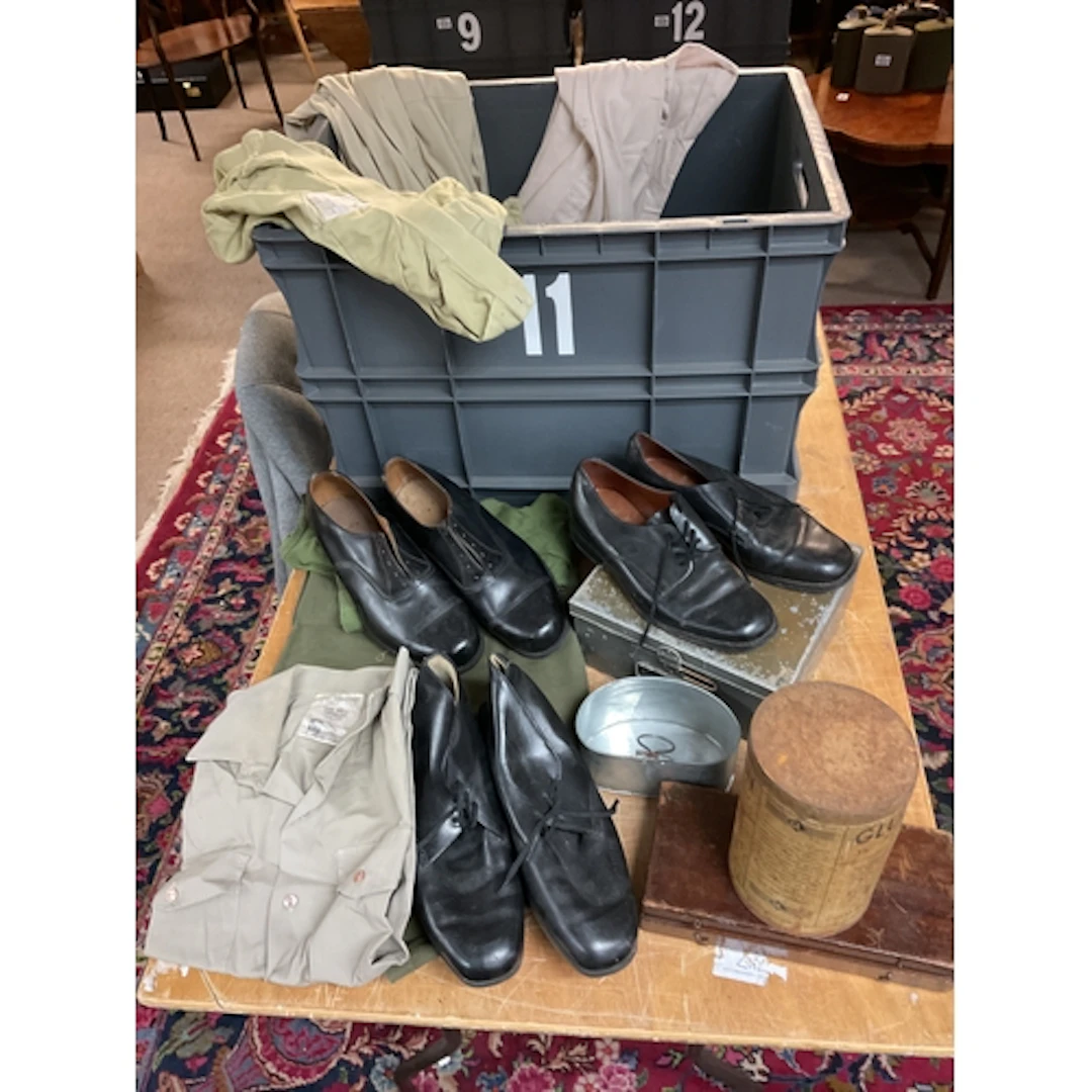 Military shirts, tins, shoes etc.