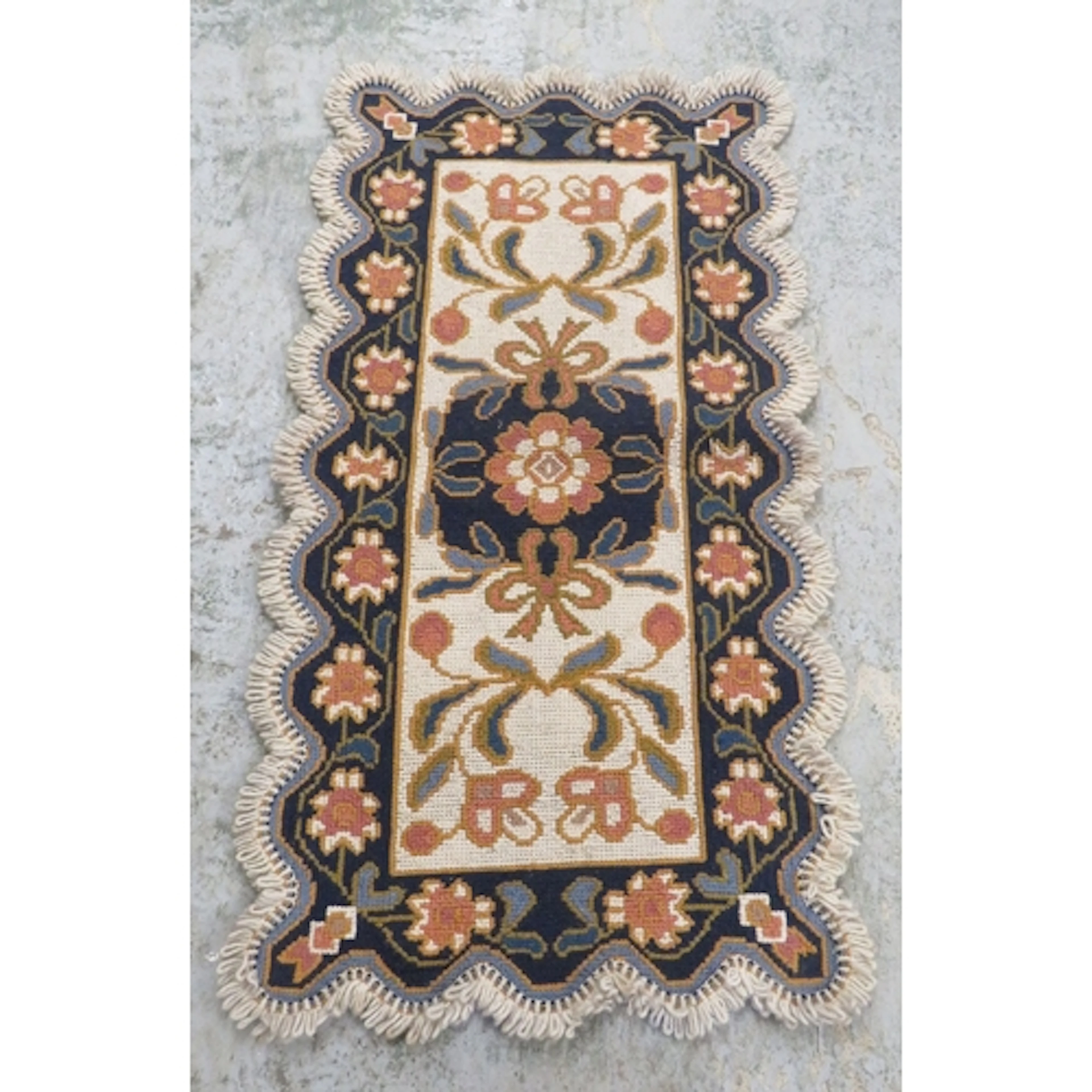 Vintage Diamantina Handmade Needlepoint Runner Rug, navy & c...