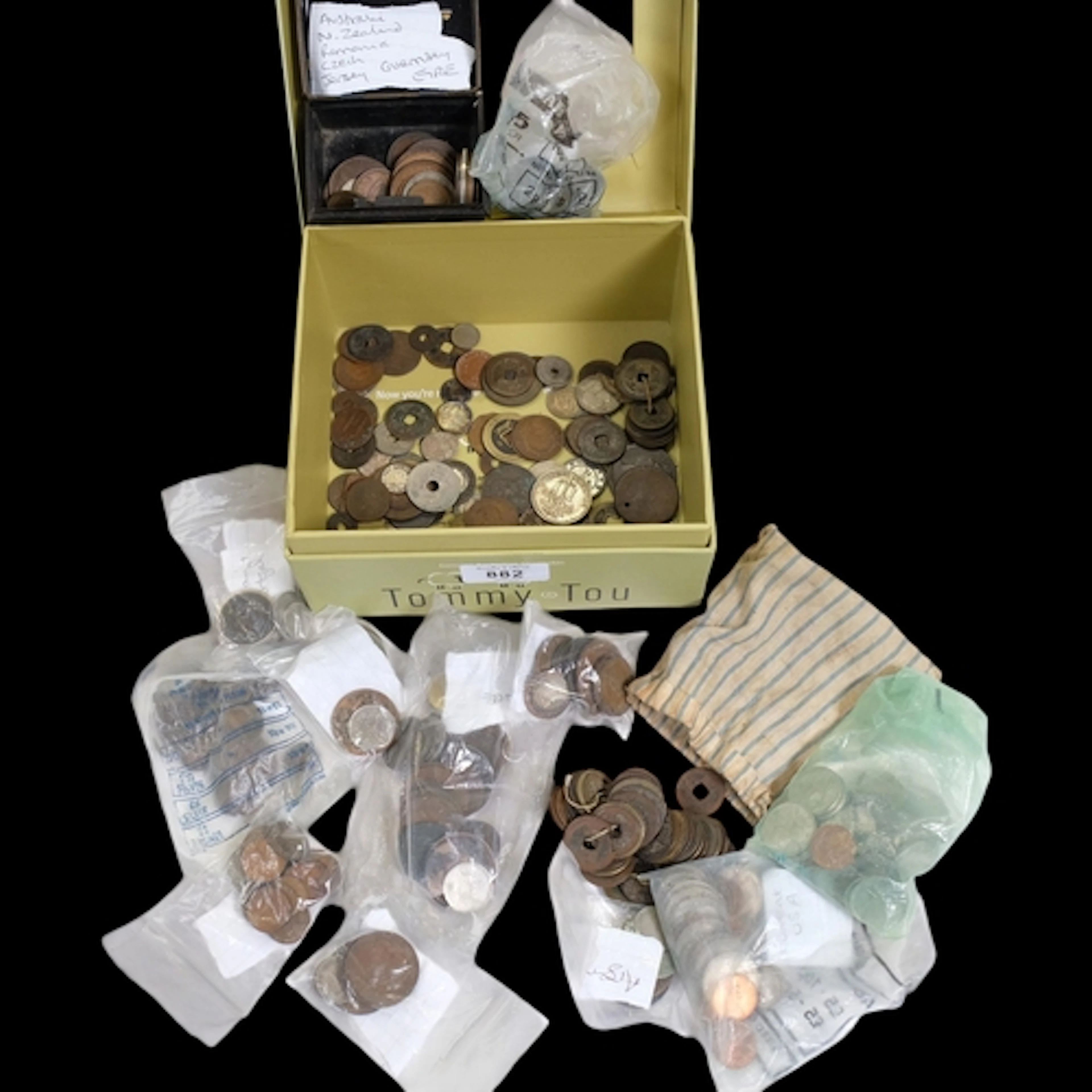 A large collection of various world coins, including USA, Fr...
