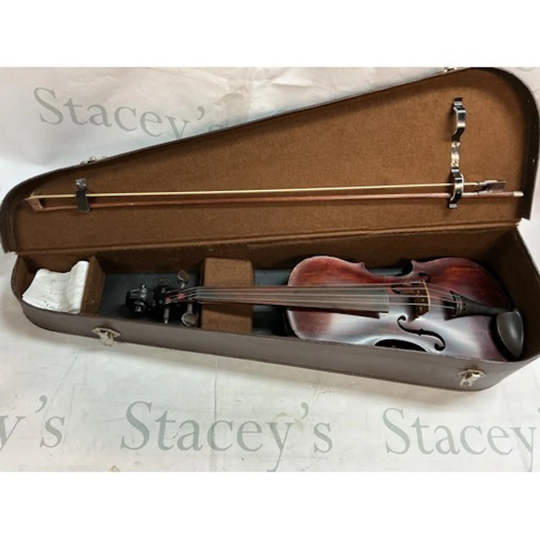 3 quarter size cased violin with sticker with bow. 38cm