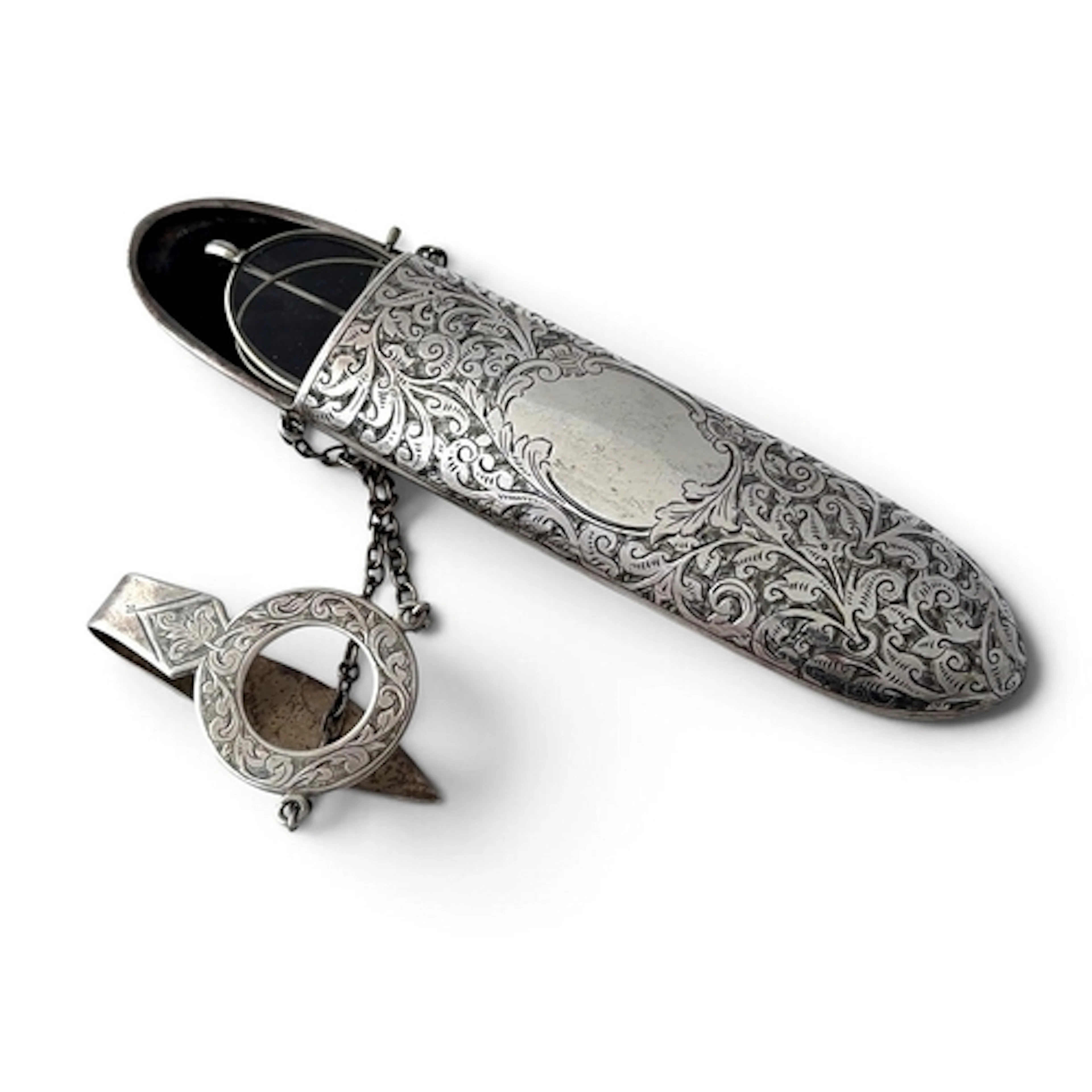 A VICTORIAN HALLMARKED SILVER CHATELAINE SPECTACLE CASE. wit...