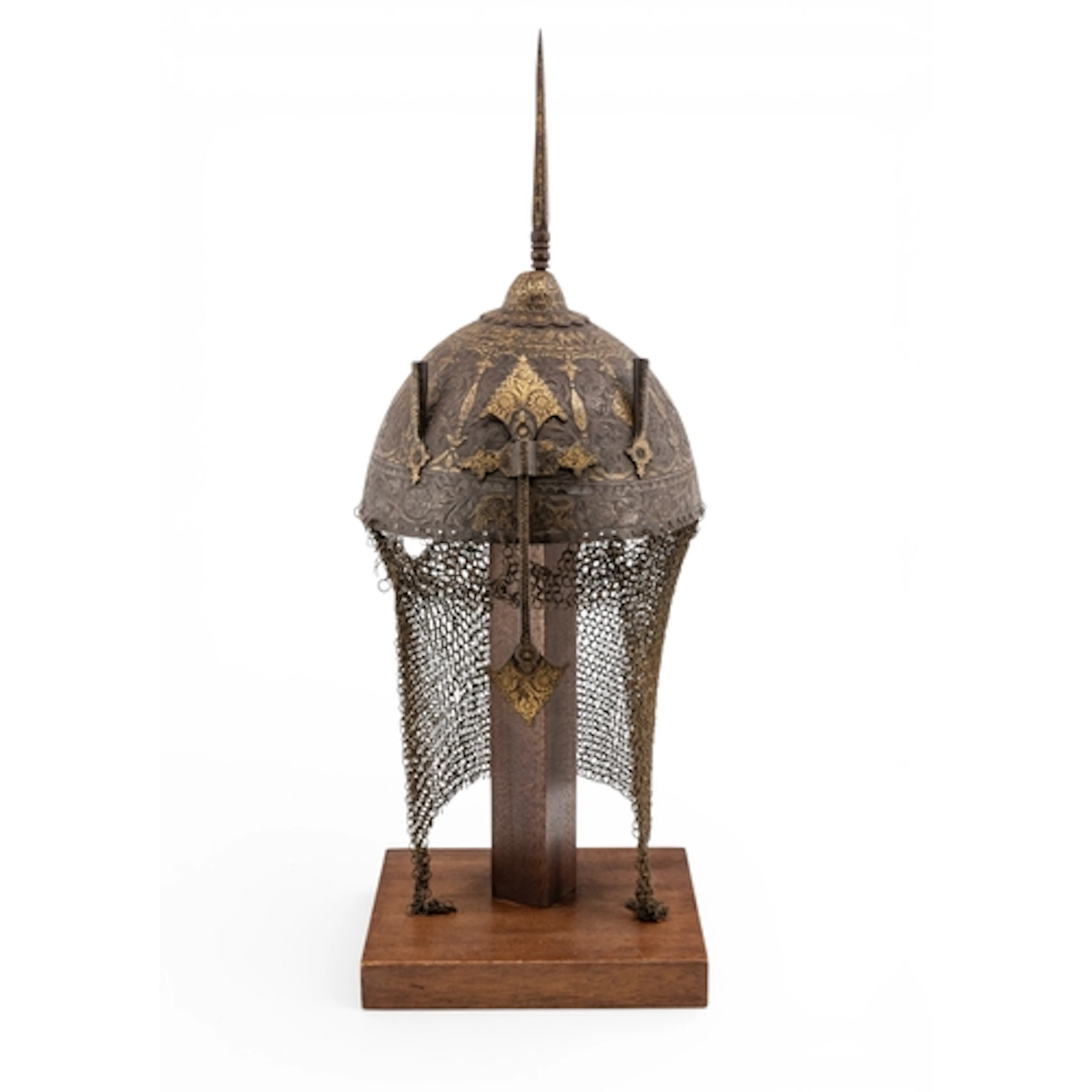 AN INDIO/PERSIAN KHULA KHUD, the etched steel casque with go...