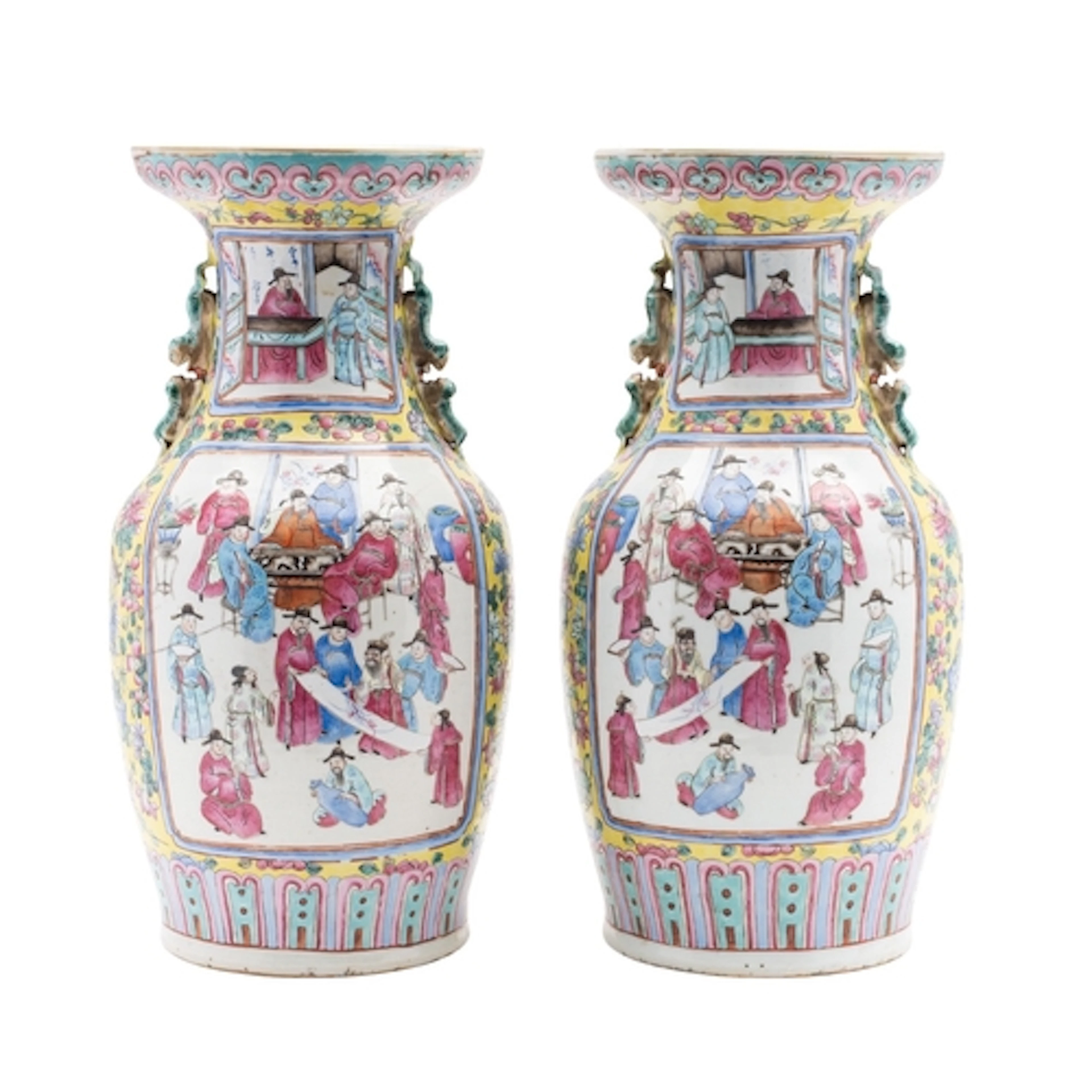 A pair of Chinese Canton famille rose yellow-ground baluster...