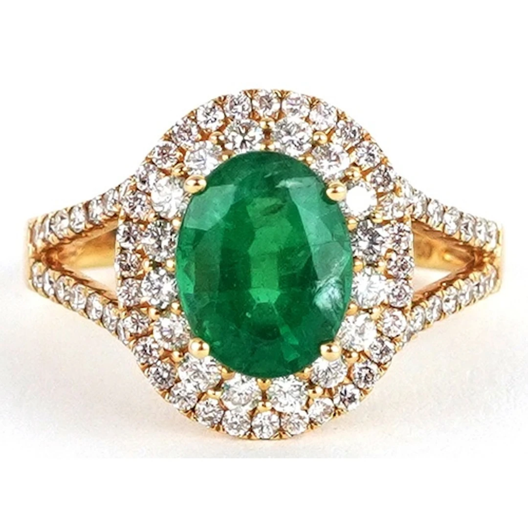 18ct gold emerald and diamond three tier cluster ring with d...