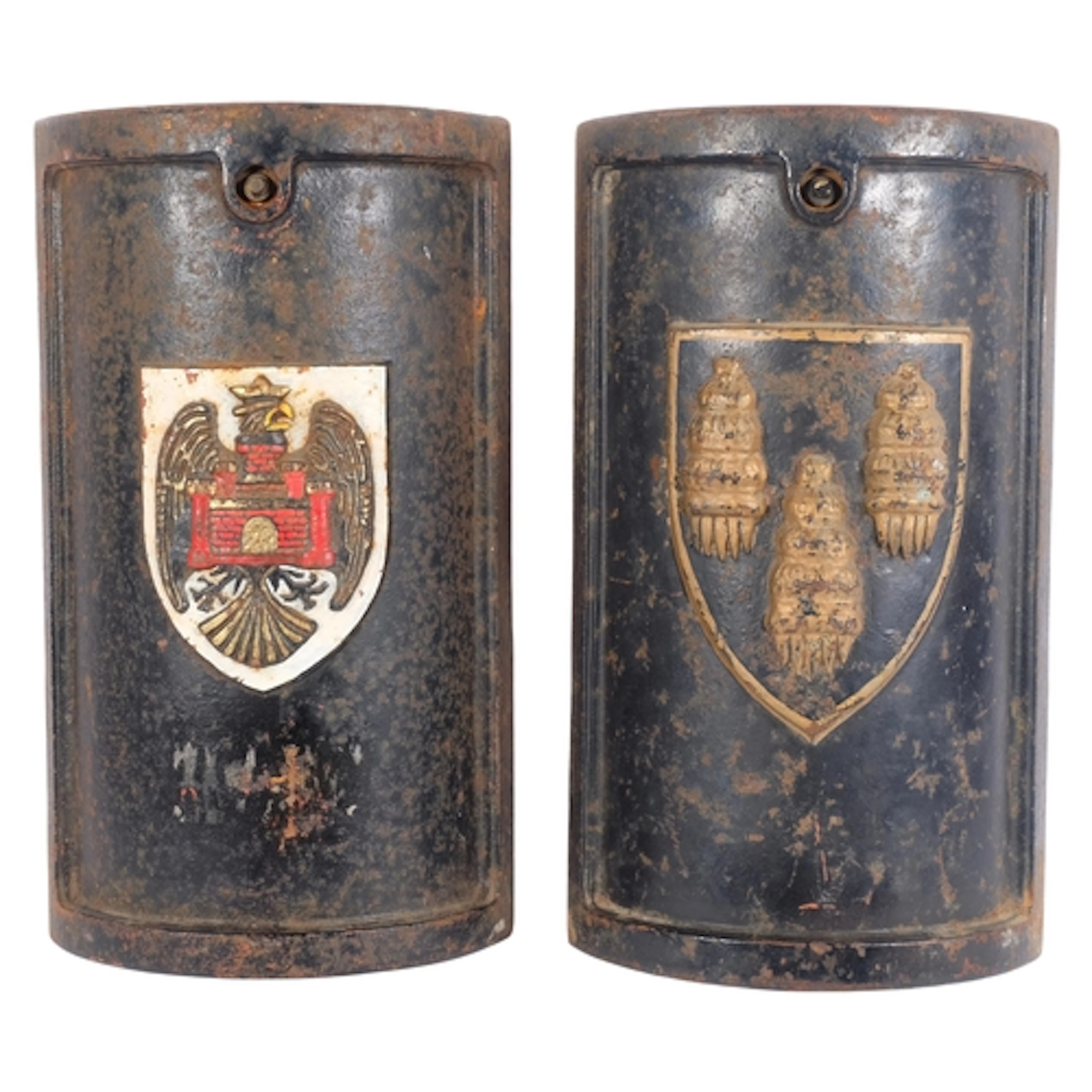 2 Vintage cast-iron lamp post door covers, each with militar...
