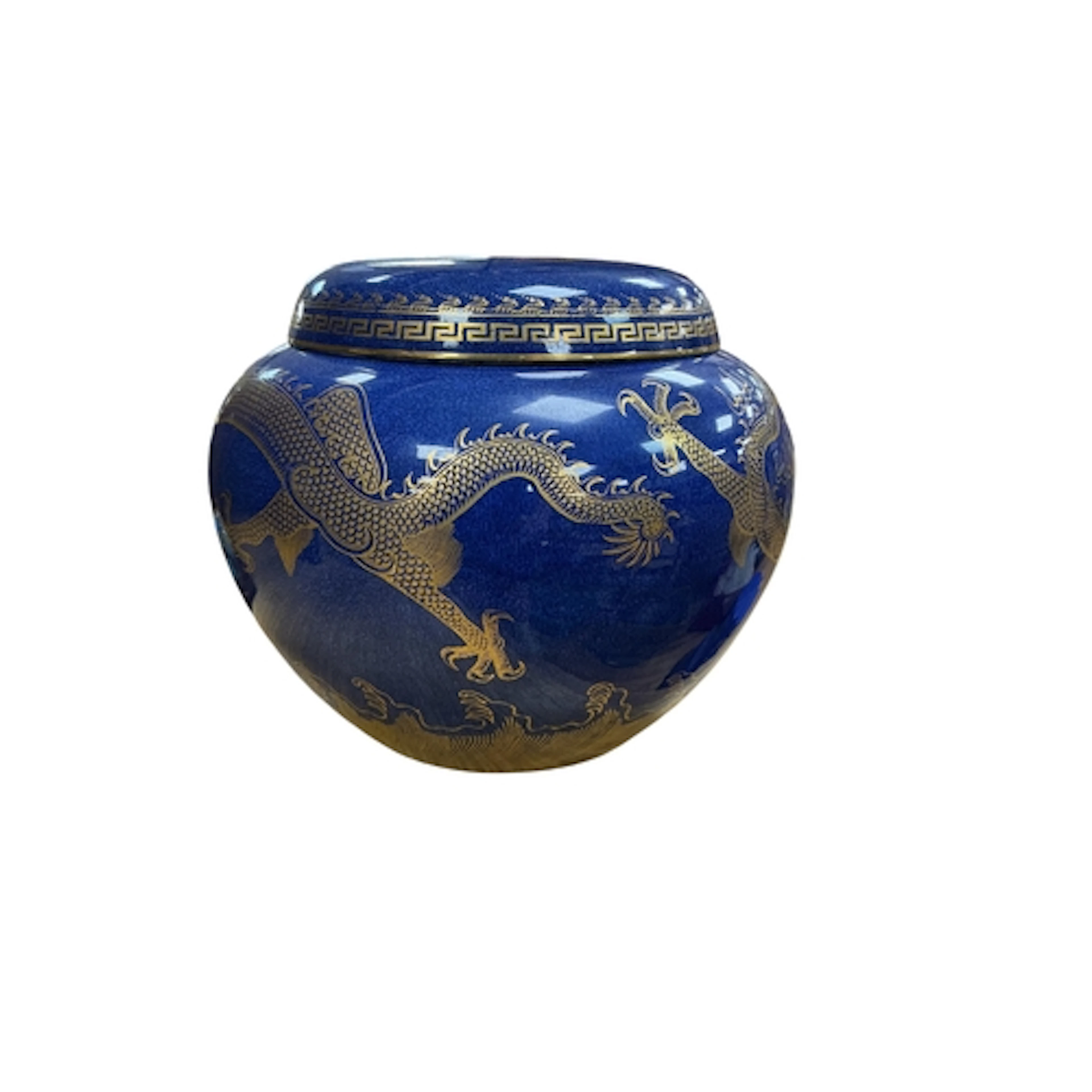 A Wedgwood gilt dragon powder blue jar and cover, designed b...