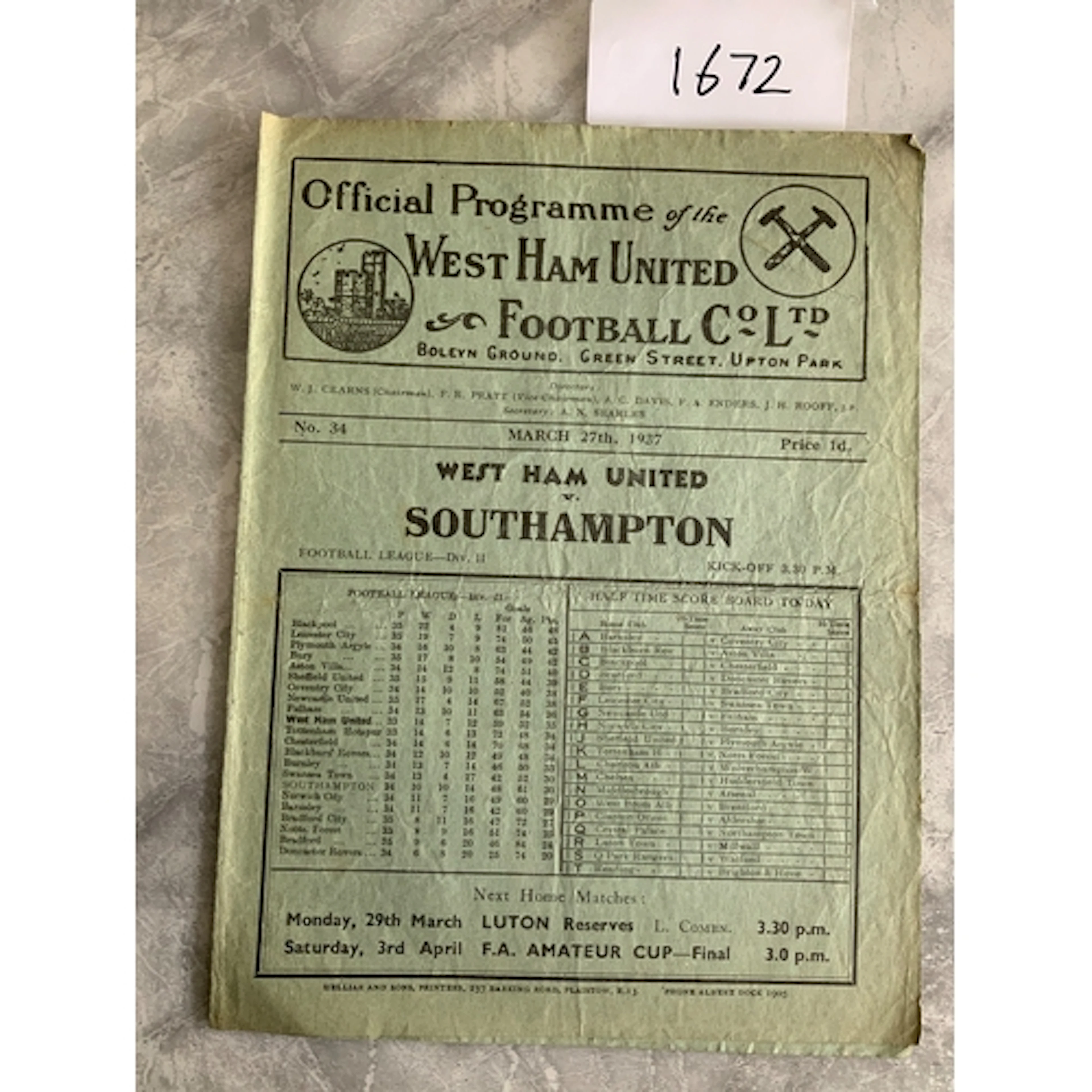 36/37 West Ham v Southampton Football Programme: Good condit...