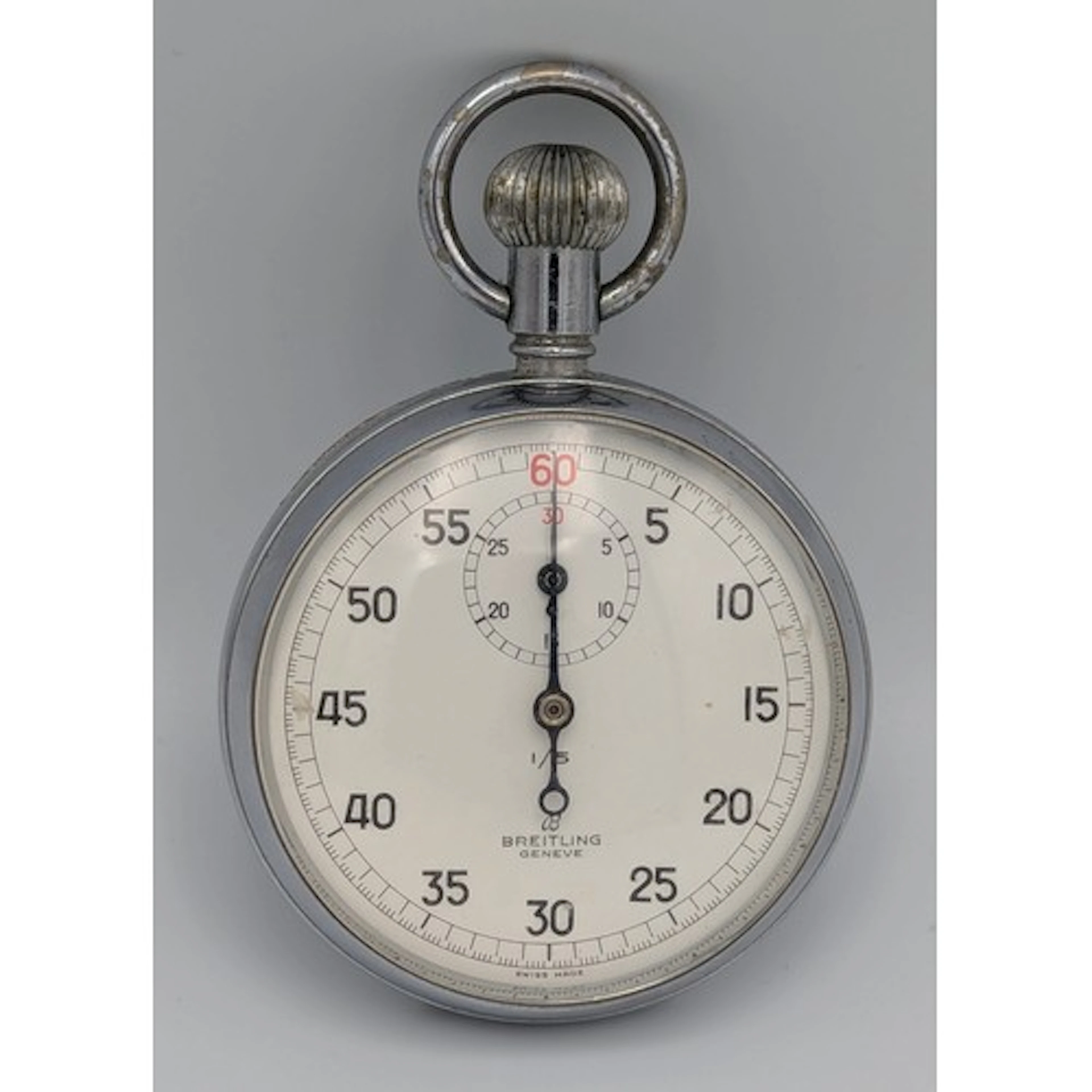 A Breitling Geneve 1/5 pocket stop watch, white enamel face ...
