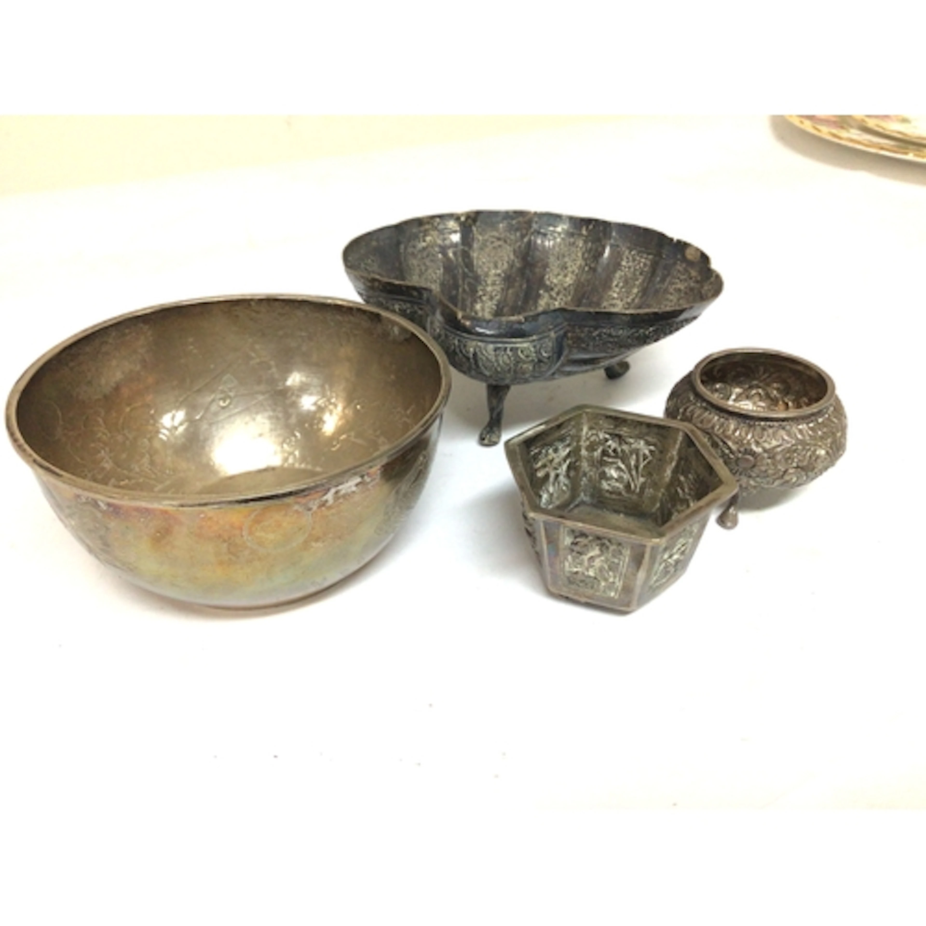 A Chinese silver bowl engraved decoration with birds a...