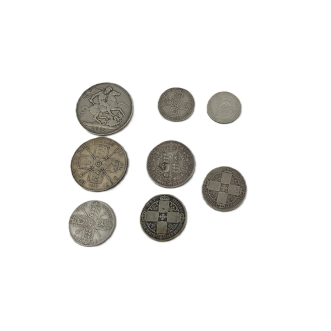 A COLLECTION OF 8 X 92.5% ENGLISH SILVER COINS, including an...
