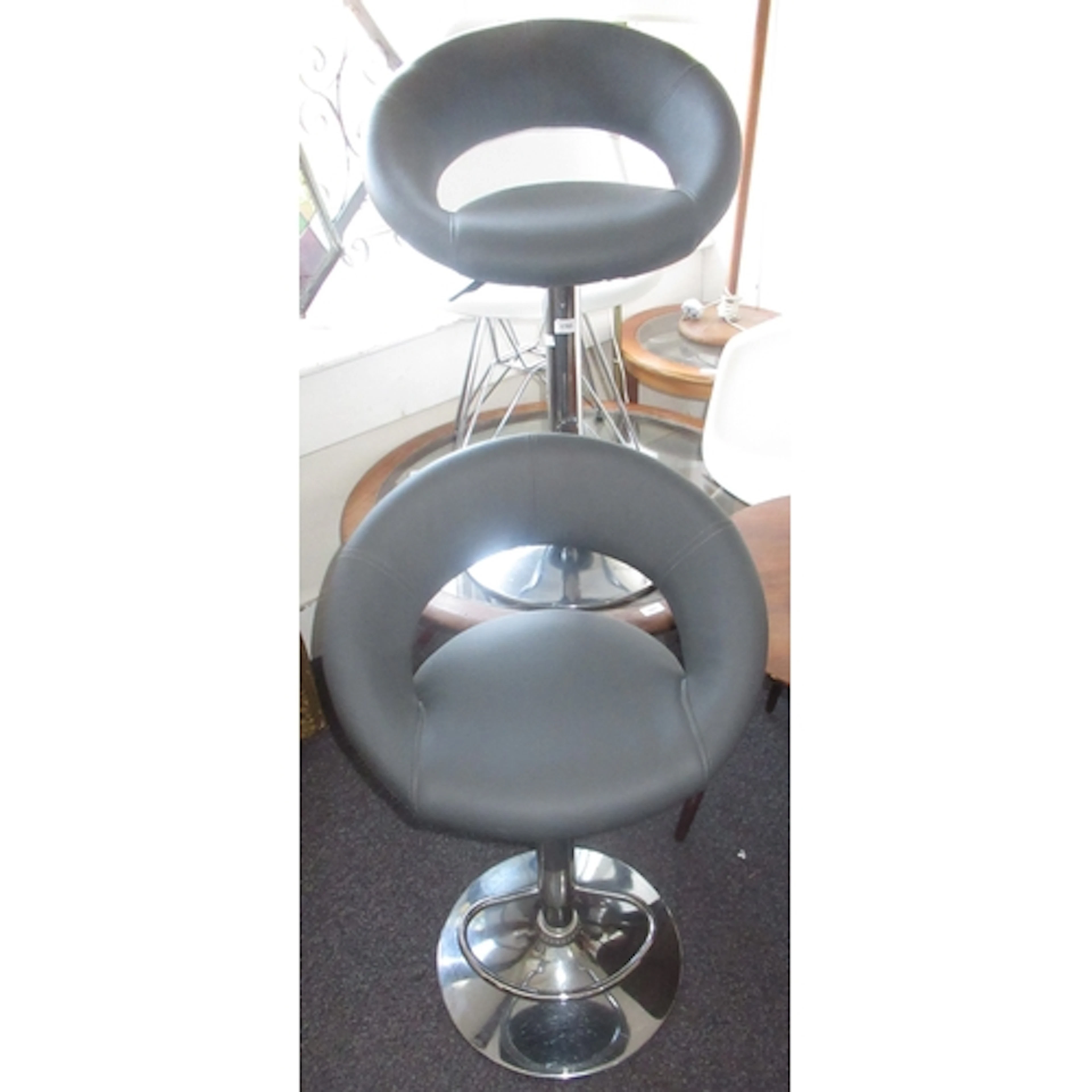 Pair of 20th Century chrome and grey upholstered bar stools