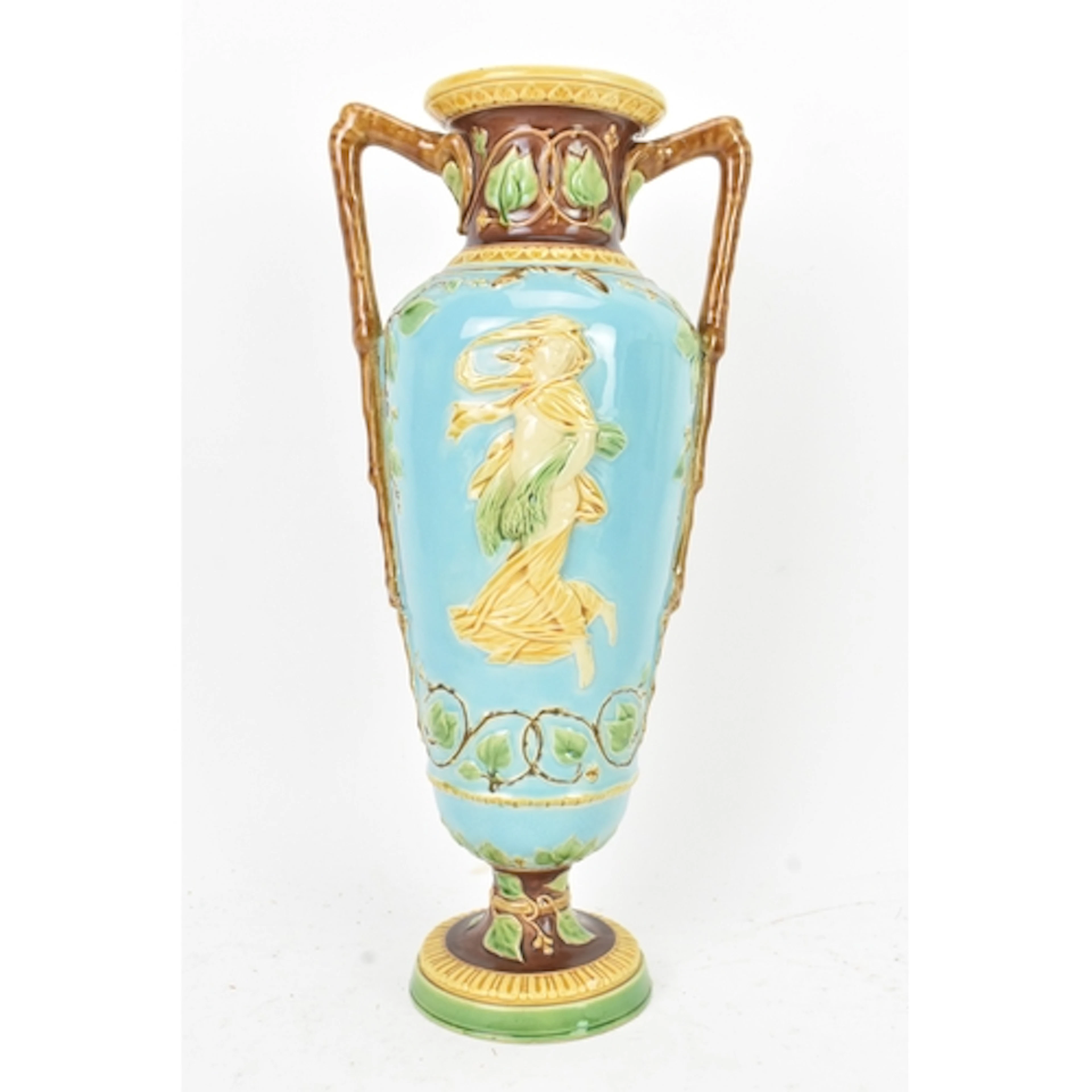 A late Victorian Minton majolica twin-handled vase, of tall ...
