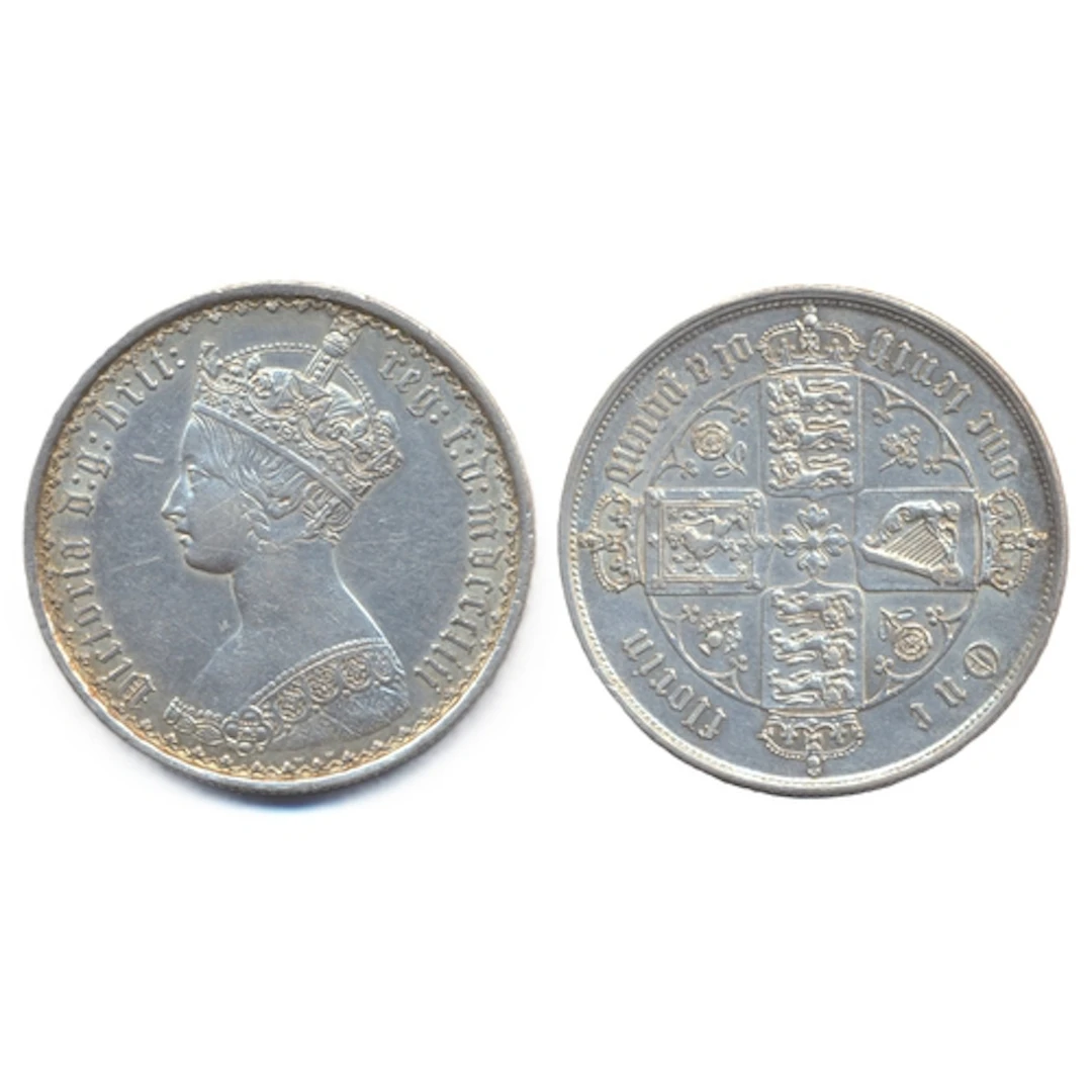 1853 'Gothic' florin near extremely fine. (Y)
