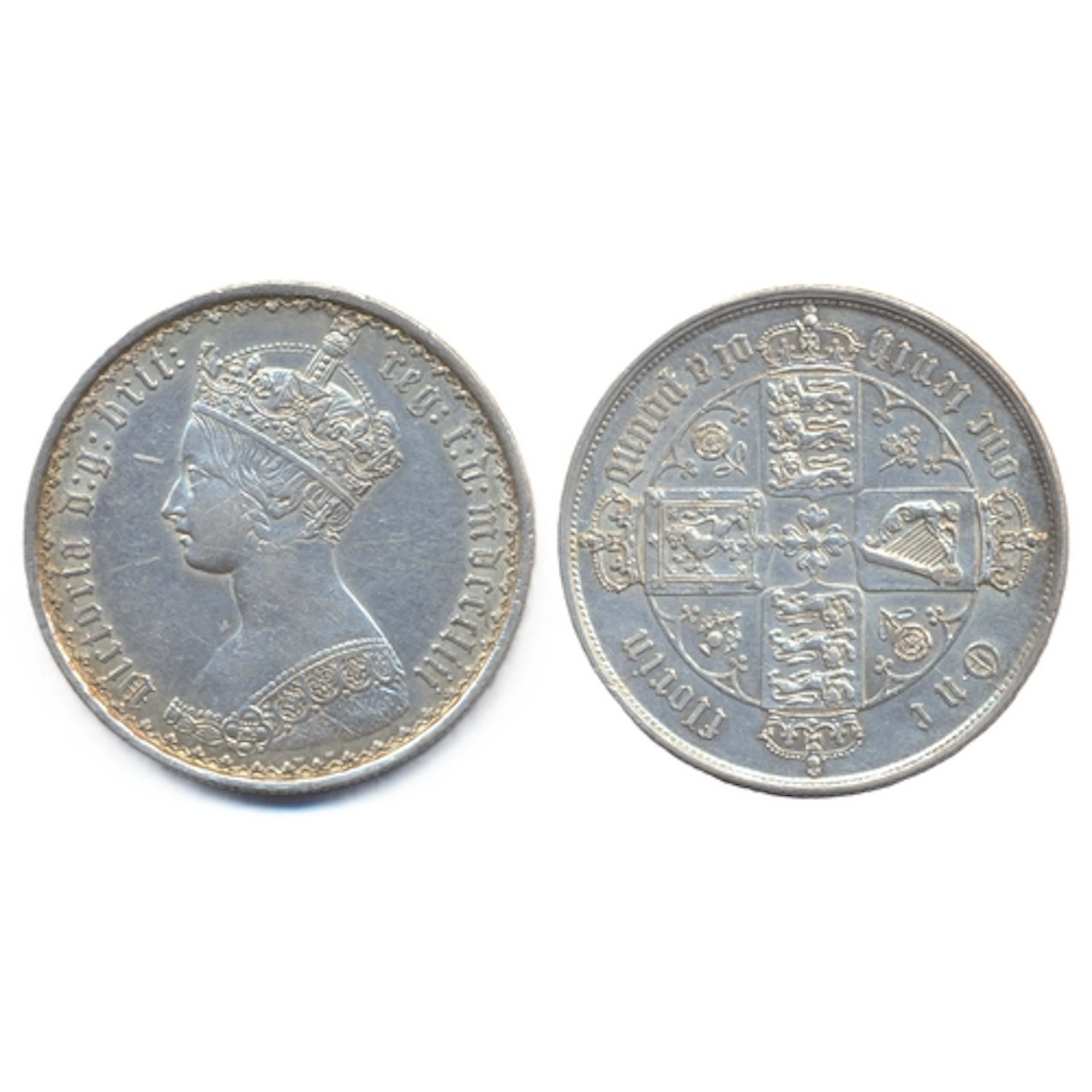 1853 'Gothic' florin near extremely fine. (Y)
