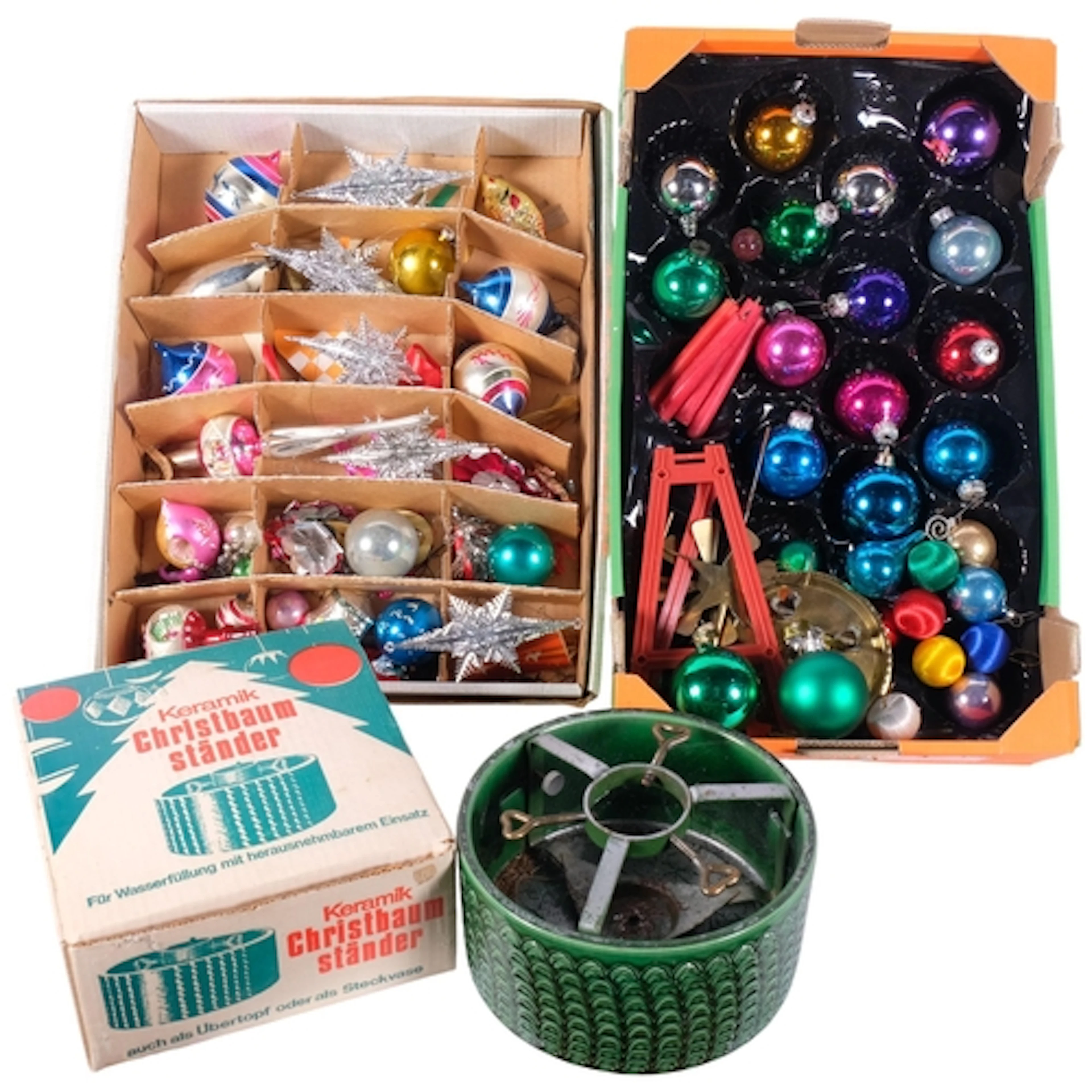2 boxes of various Vintage Christmas baubles, and a Keramik ...