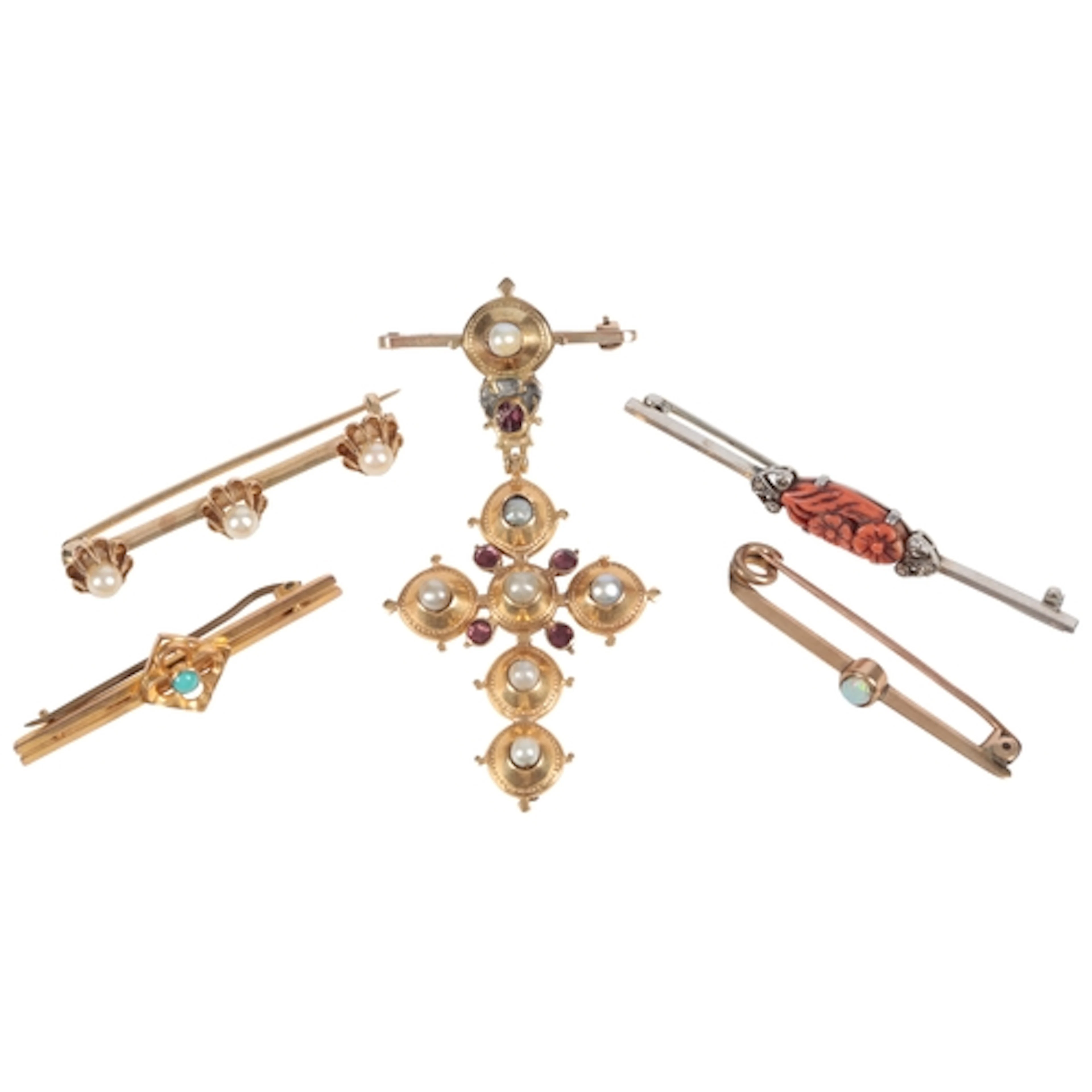 Four bar brooches and a cross pendant brooch, early 20th cen...